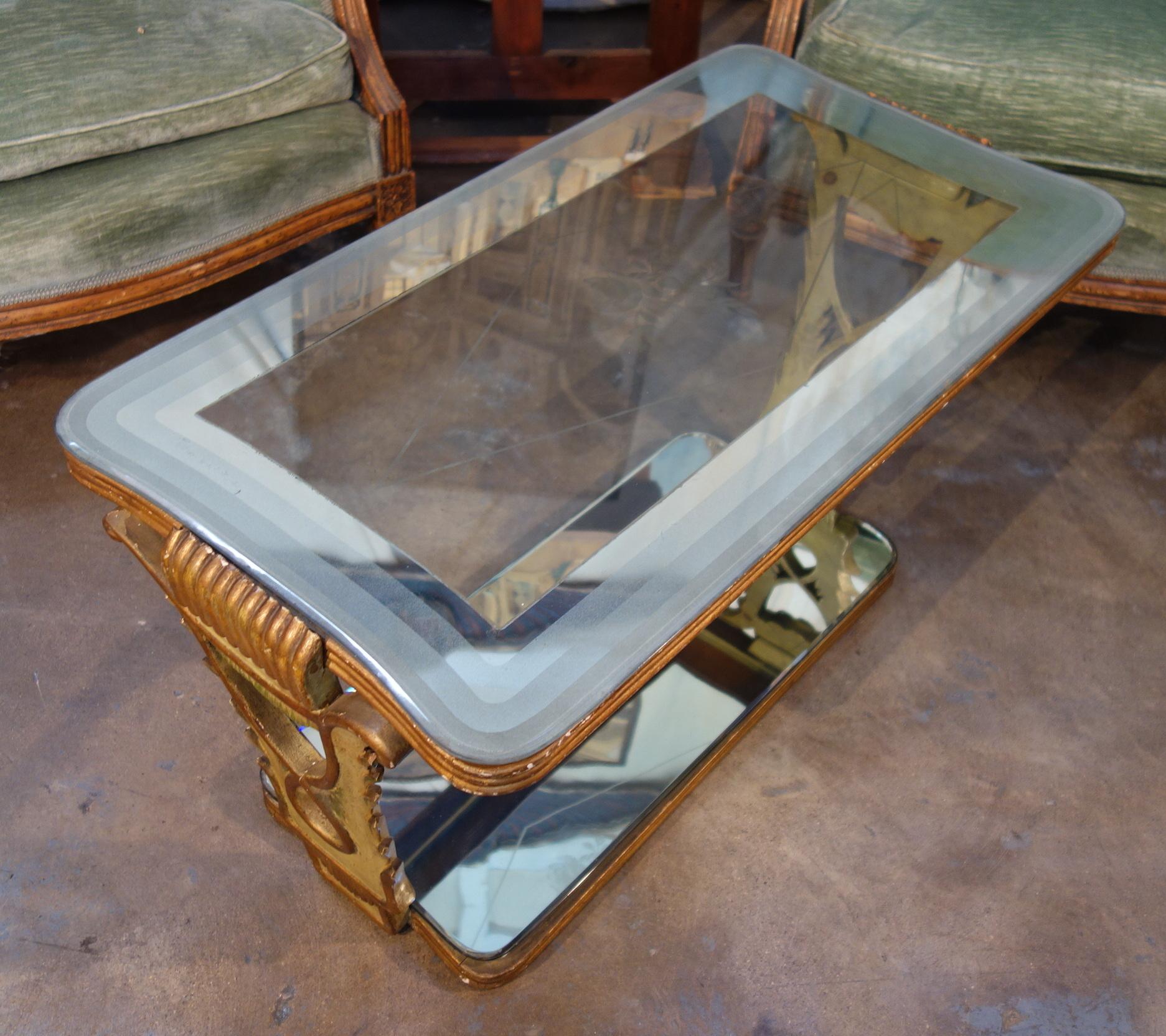 Midcentury Art Deco Painted Gilt Etched Glass and Mirror Occasional Coffee Table For Sale 1