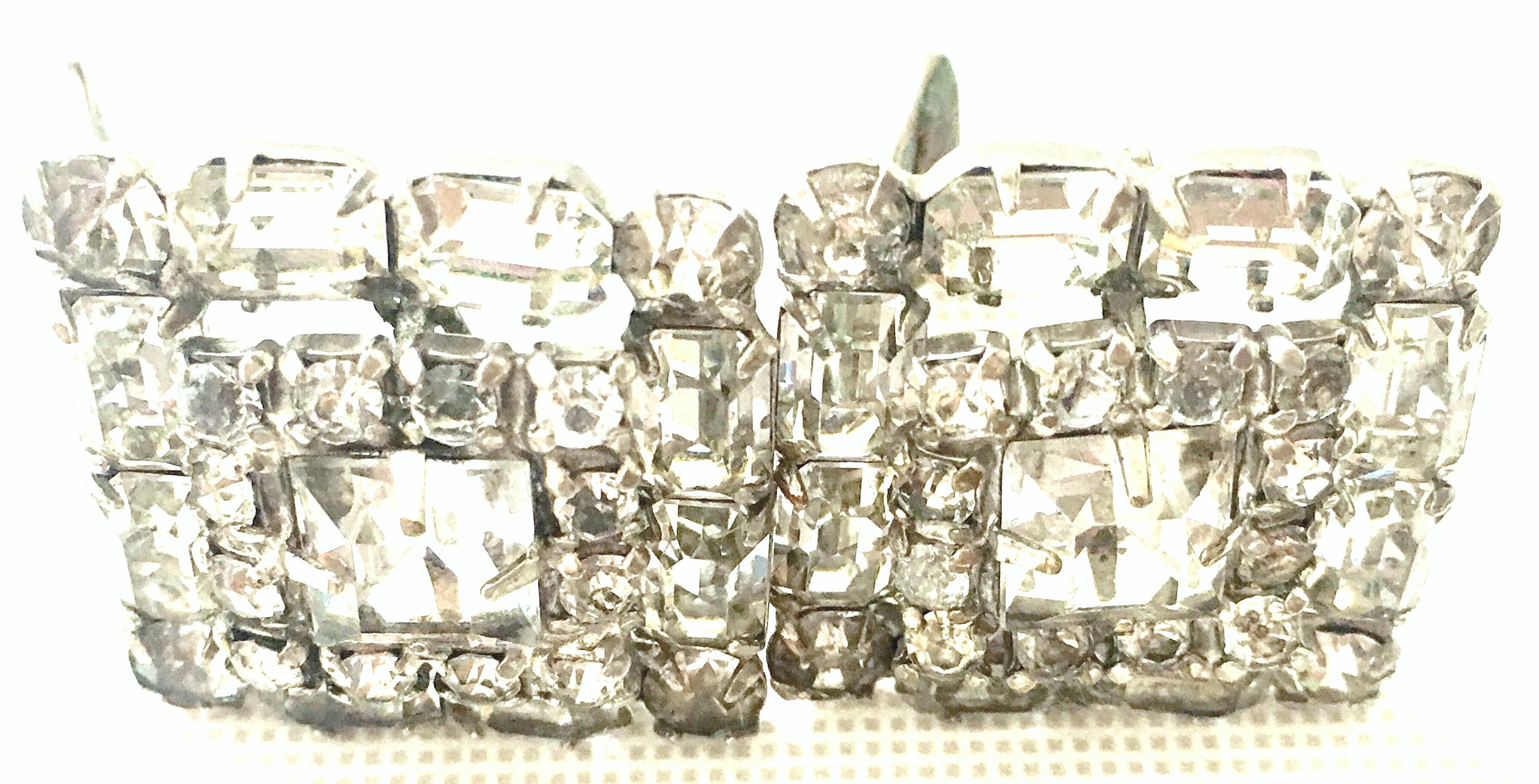 Mid Century Art Deco Silver & Austrian Crystal Rhinestone Earrings In Good Condition In West Palm Beach, FL