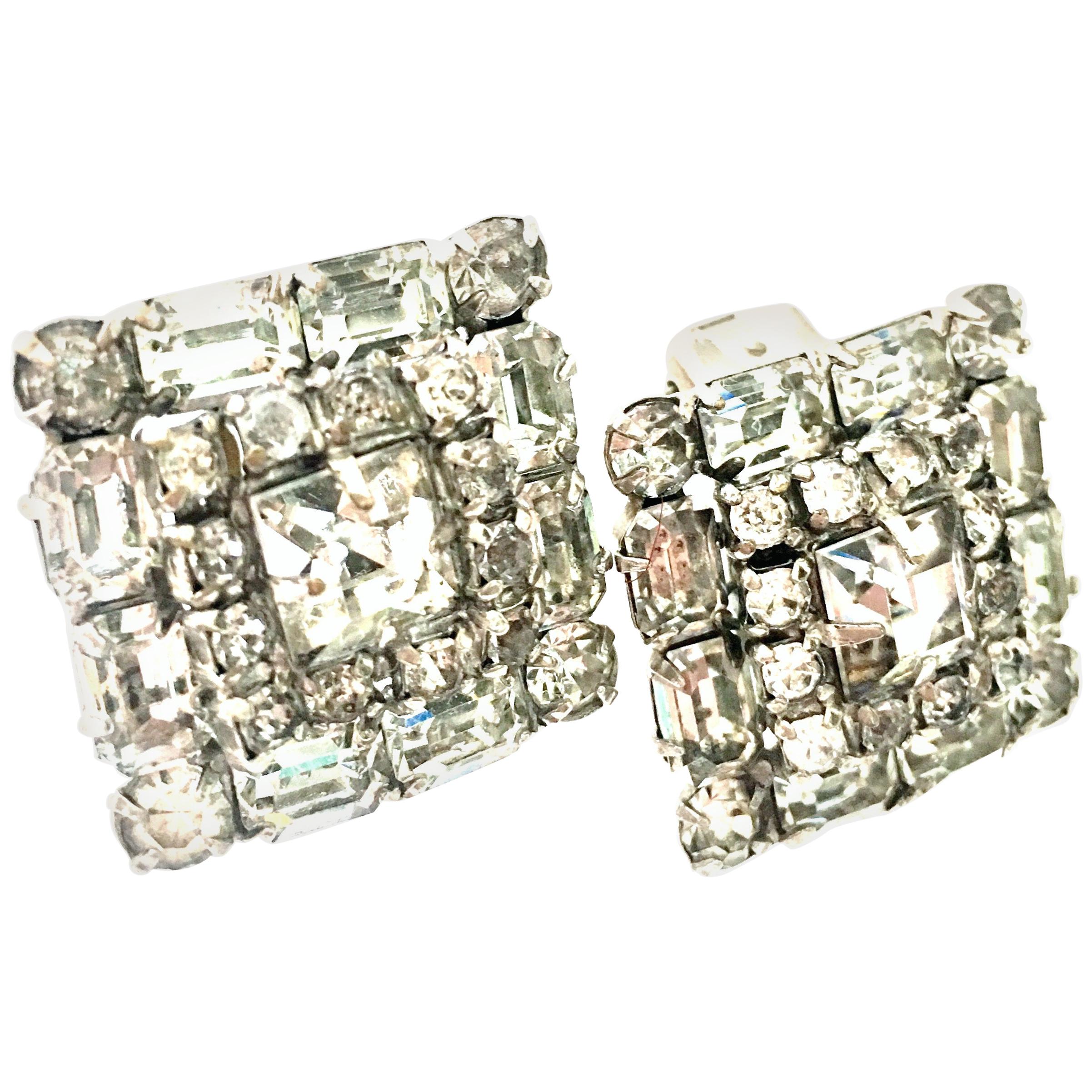 Mid Century Art Deco Silver & Austrian Crystal Rhinestone Earrings