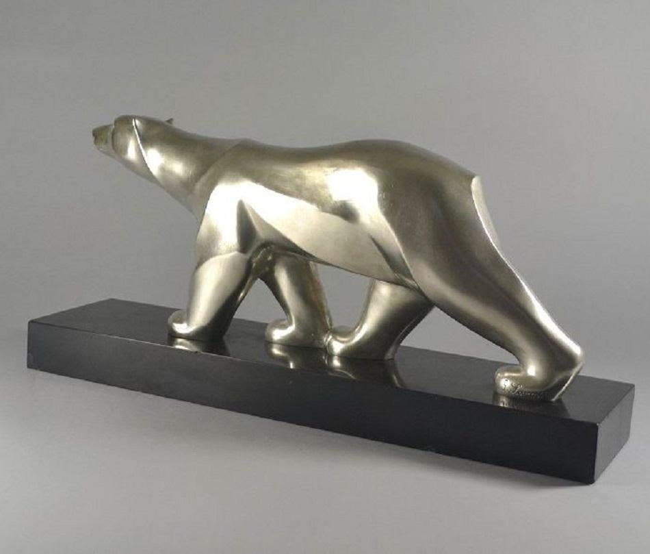 French Mid Century Art Deco Silver Bronze Sculpture Polar Bear by George Lavroff  For Sale