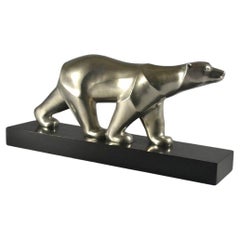 Sculpture d'ours polaire en bronze argenté Art déco du milieu du siècle dernier par George Lavroff 