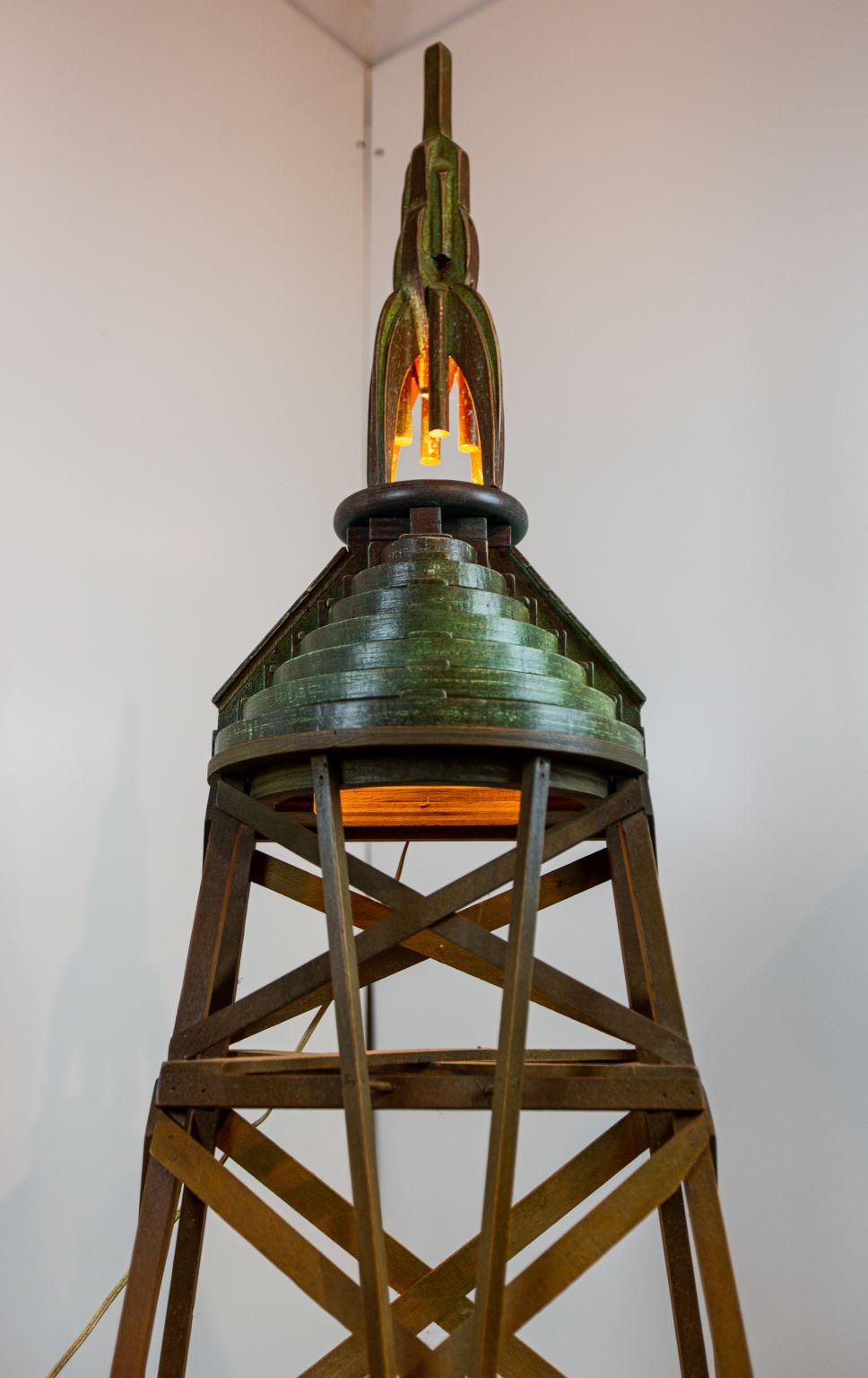 Mid Century Art Deco Skyscraper Rocket Folk Art Wooden Floor Lamp For Sale 2