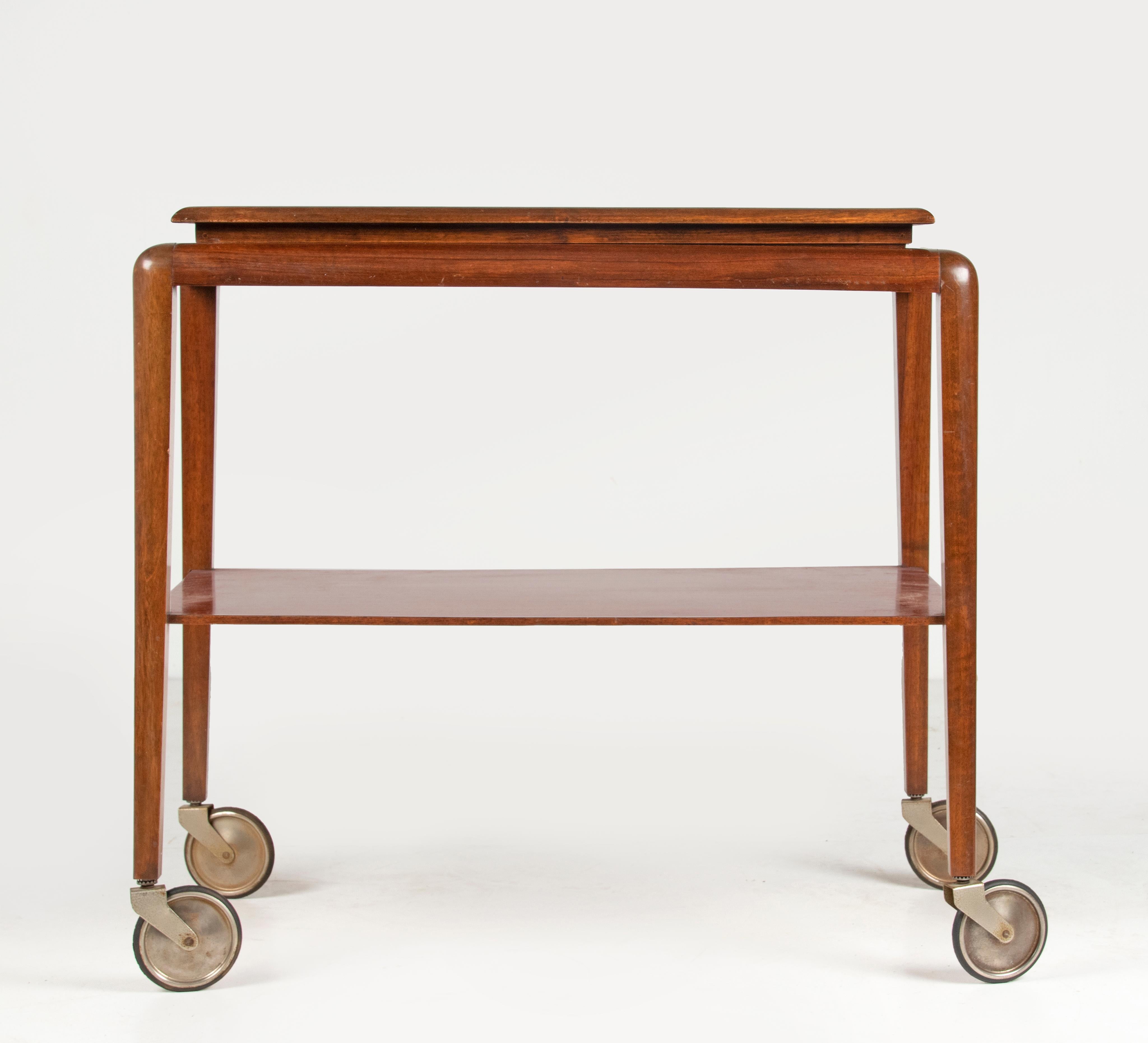 French Mid-Century Art Deco Style Beechwood Bar Cart Trolley with Removable Tray