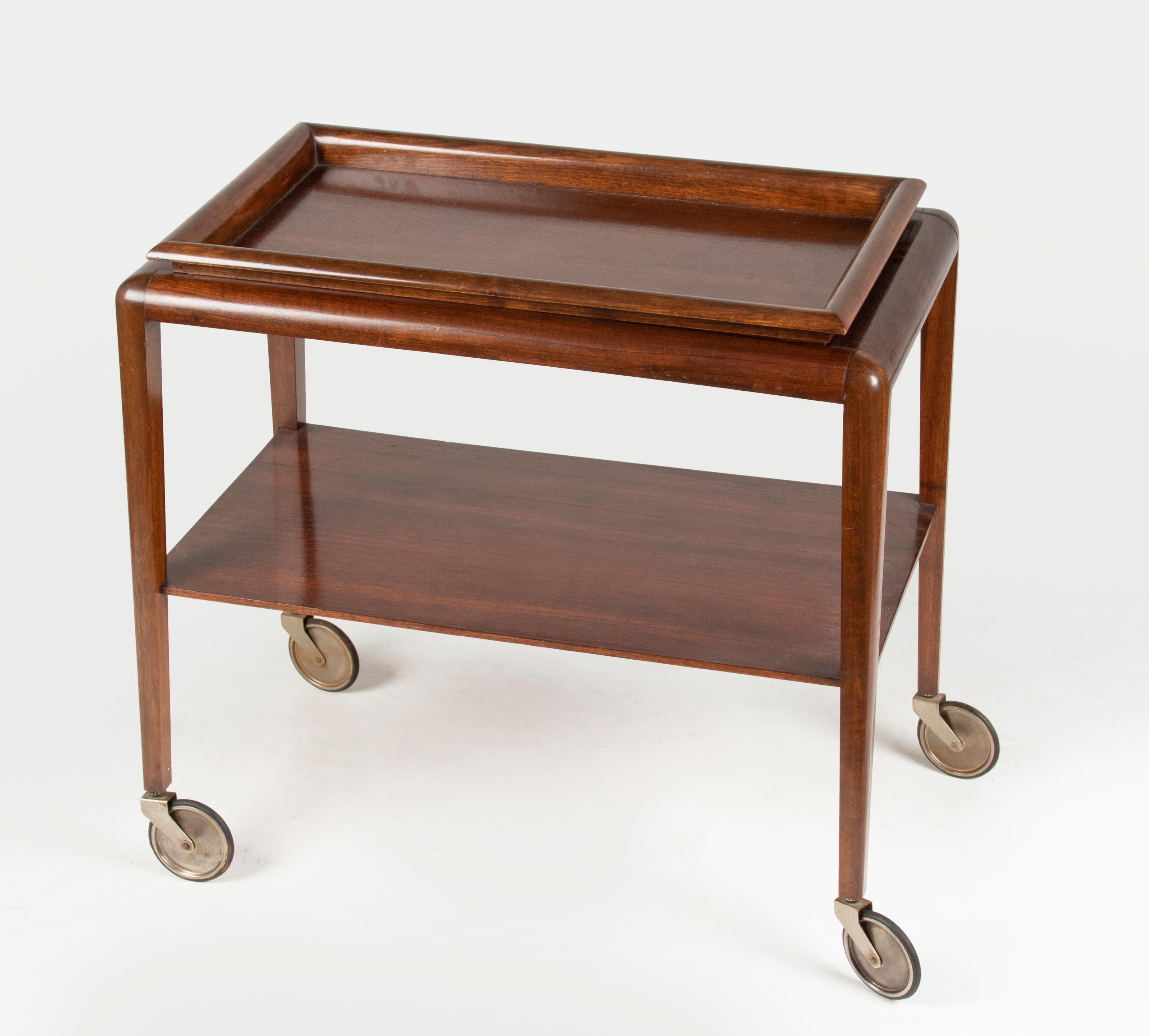 Glass Mid-Century Art Deco Style Beechwood Bar Cart Trolley with Removable Tray