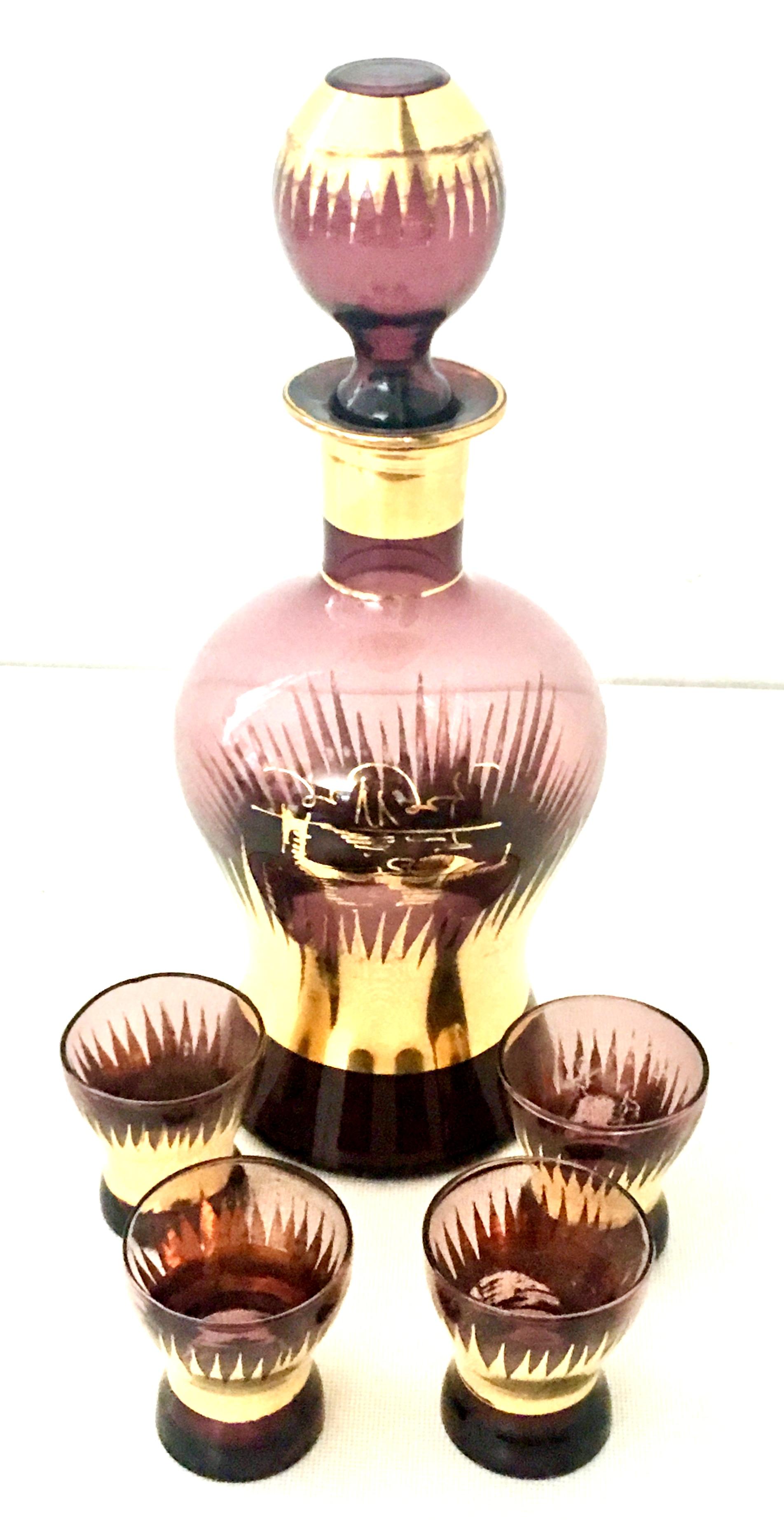 European Mid-Century Art Deco Style Bohemia Glass Amethyst & 22-Karat Gold Drinks S/7