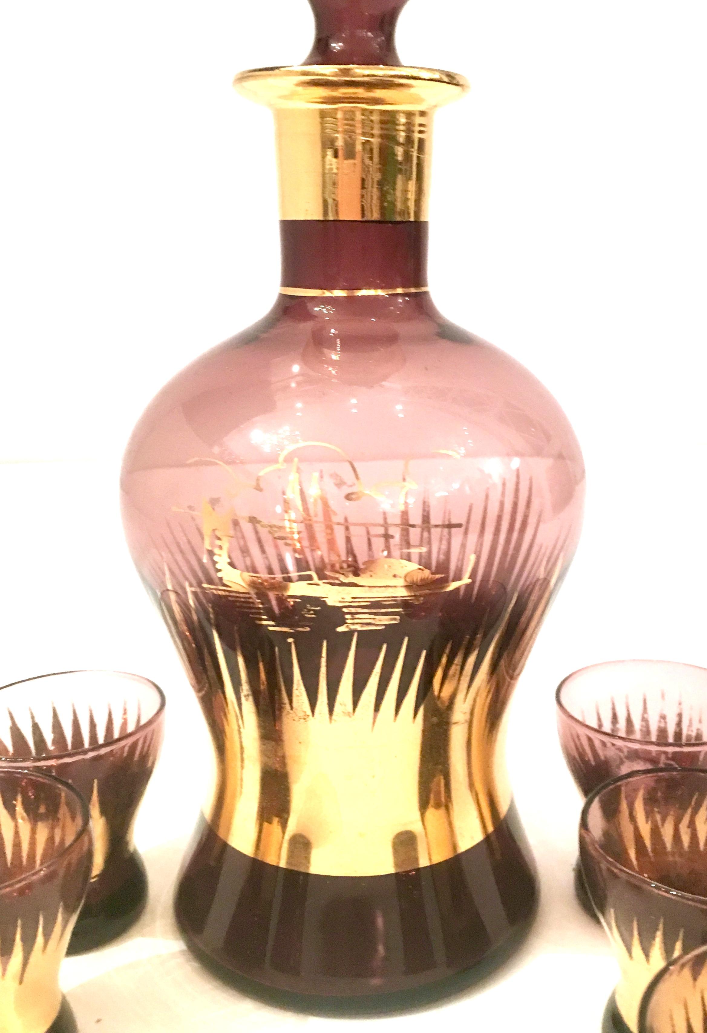 Mid-Century Art Deco Style Bohemia Glass Amethyst & 22-Karat Gold Drinks S/7 1
