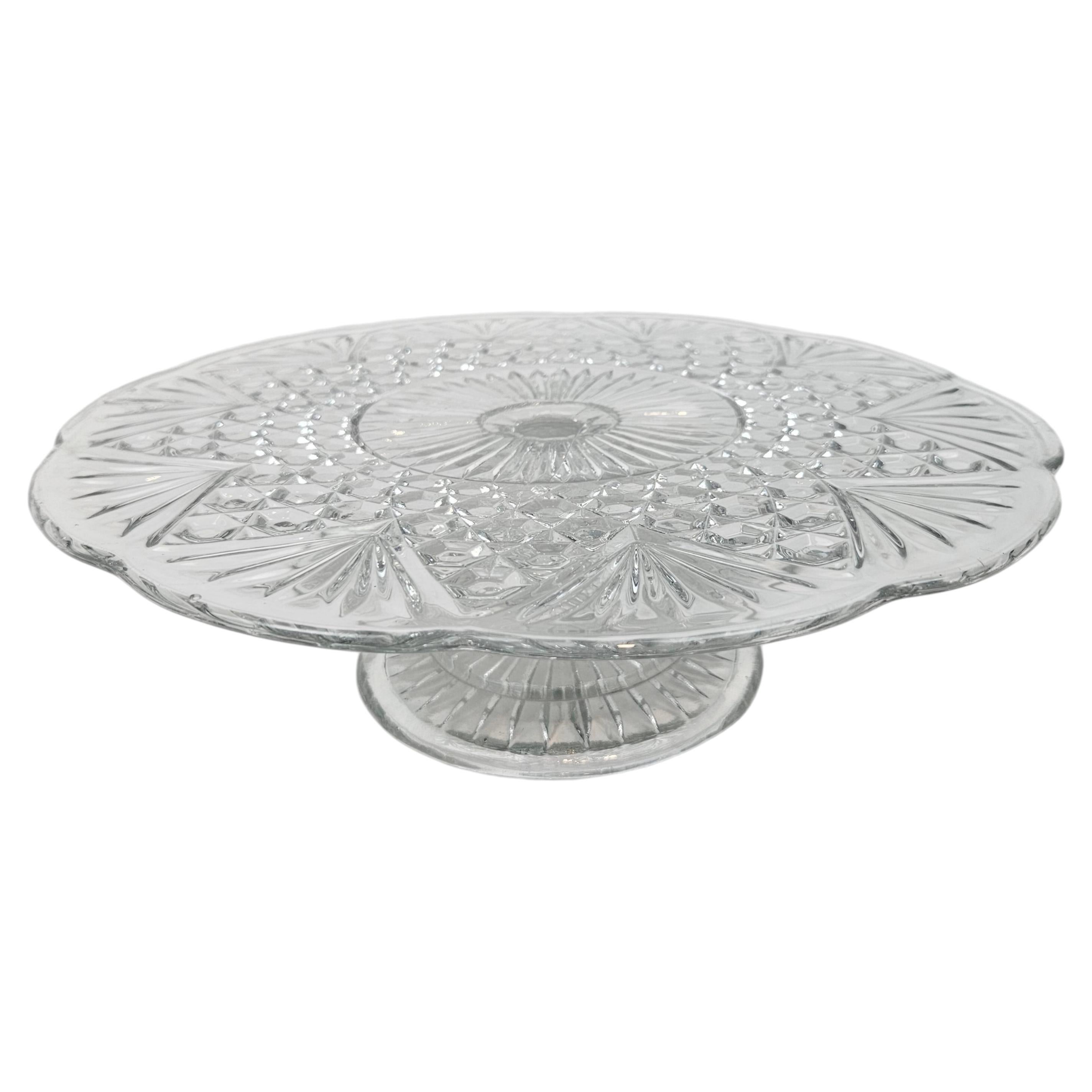 Mid-Century Art Deco Style Pressed Glass Pedestal Cake Stand, Belgium 1930's