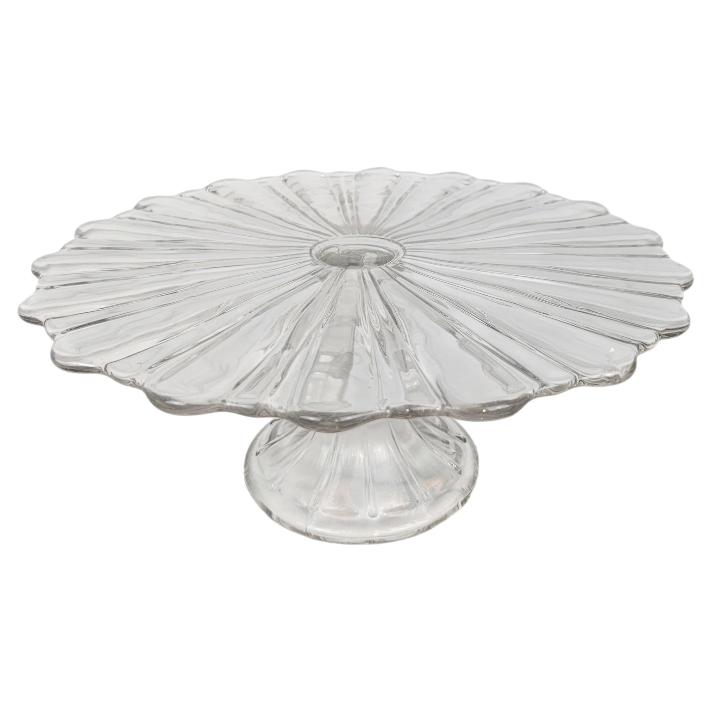 Mid-Century Art Deco Style Pressed Glass Pedestal Cake Stand, Belgium 1930's