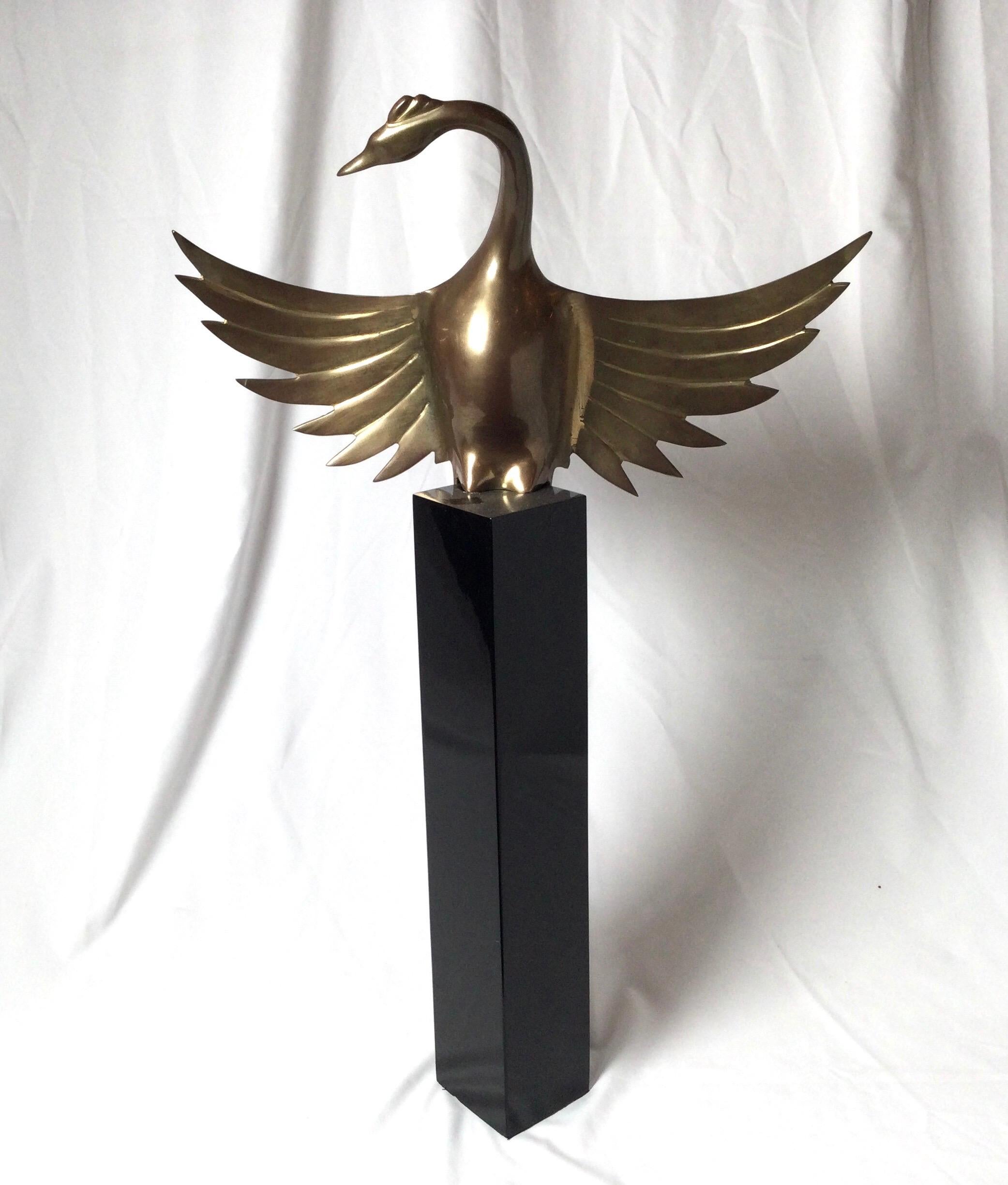 Enameled Midcentury Art Deco Styled Bird Sculpture on Black Base