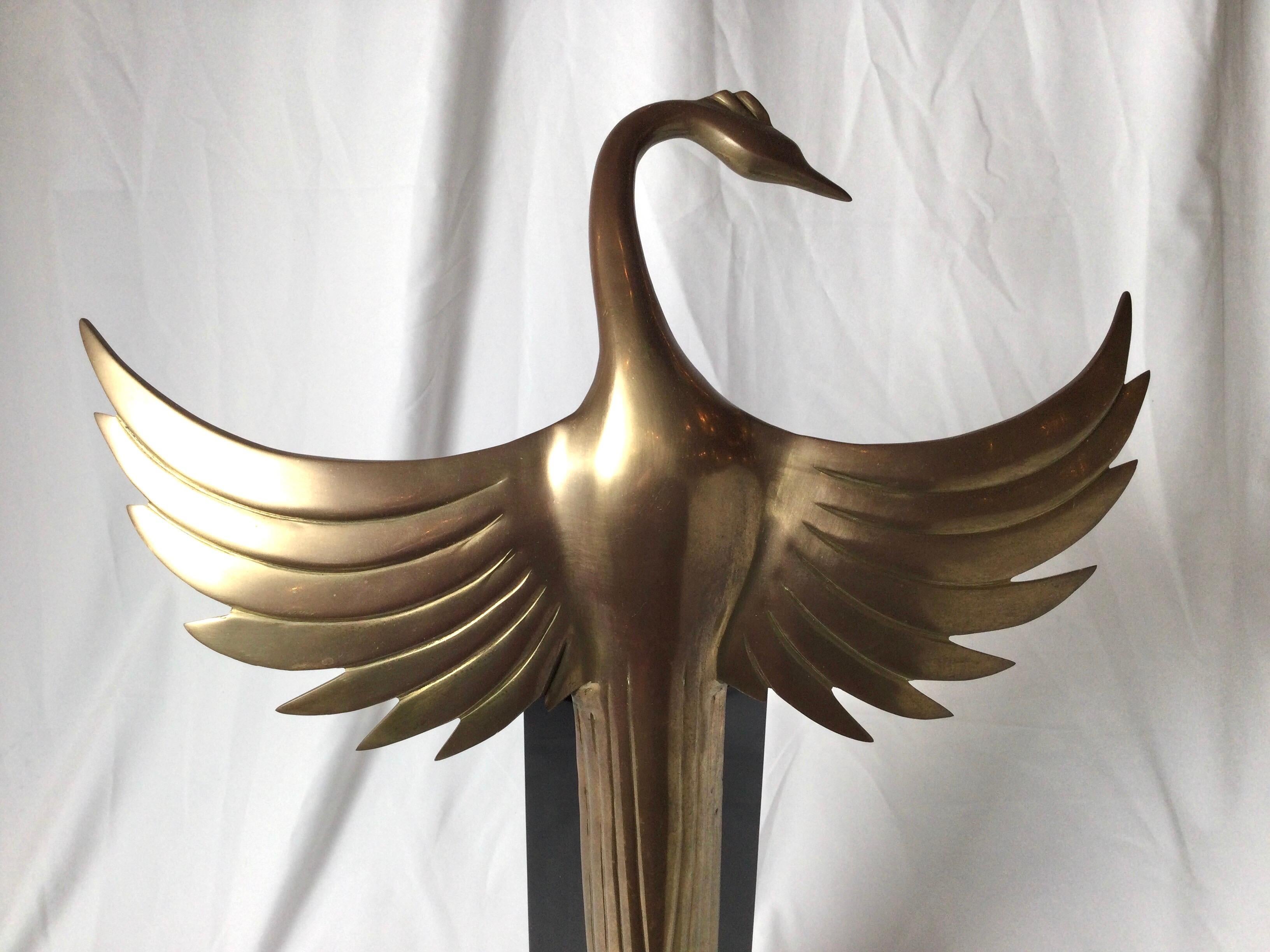 Brass Midcentury Art Deco Styled Bird Sculpture on Black Base