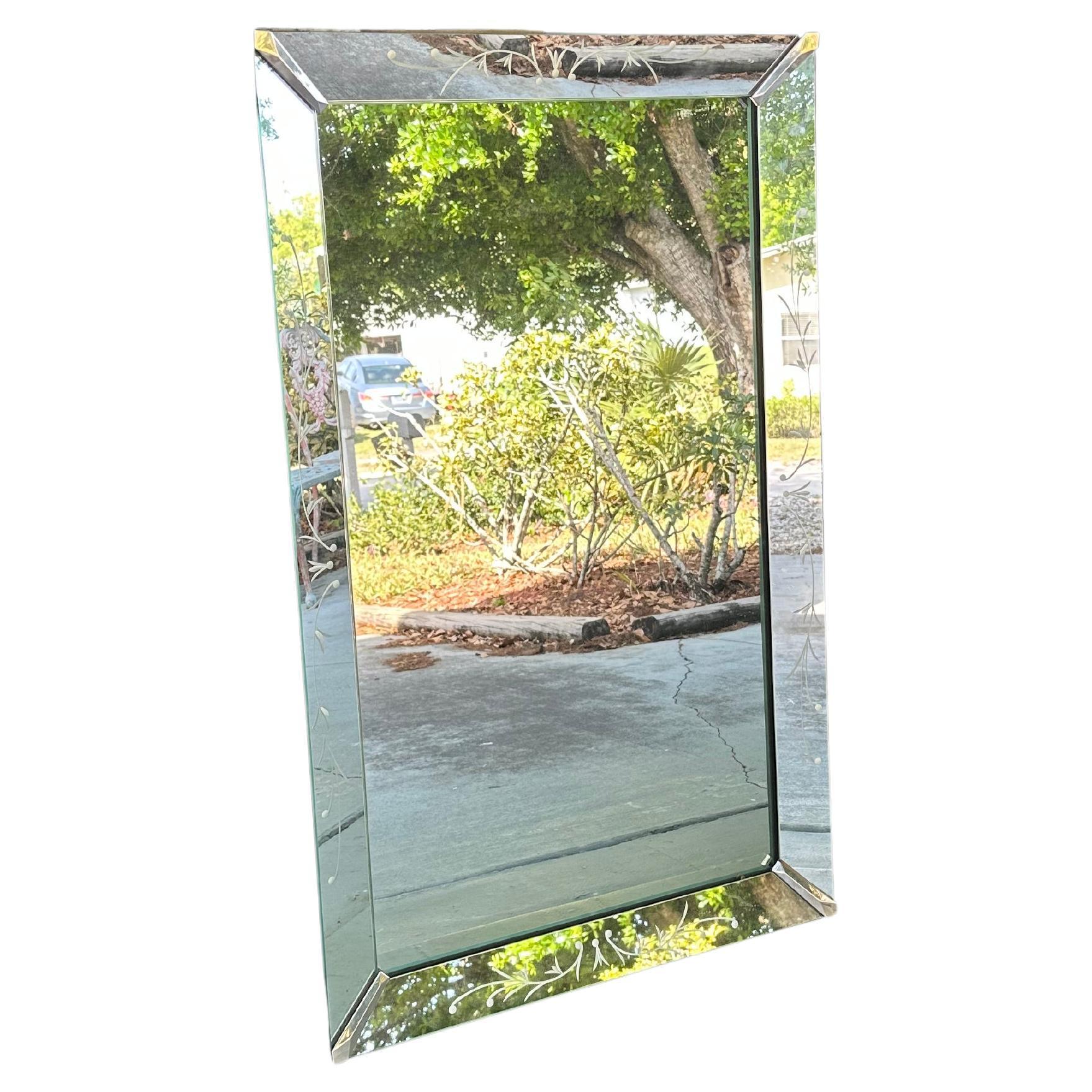 American Mid-Century Art Deco Venetian Etched Wall Mirror. For Sale
