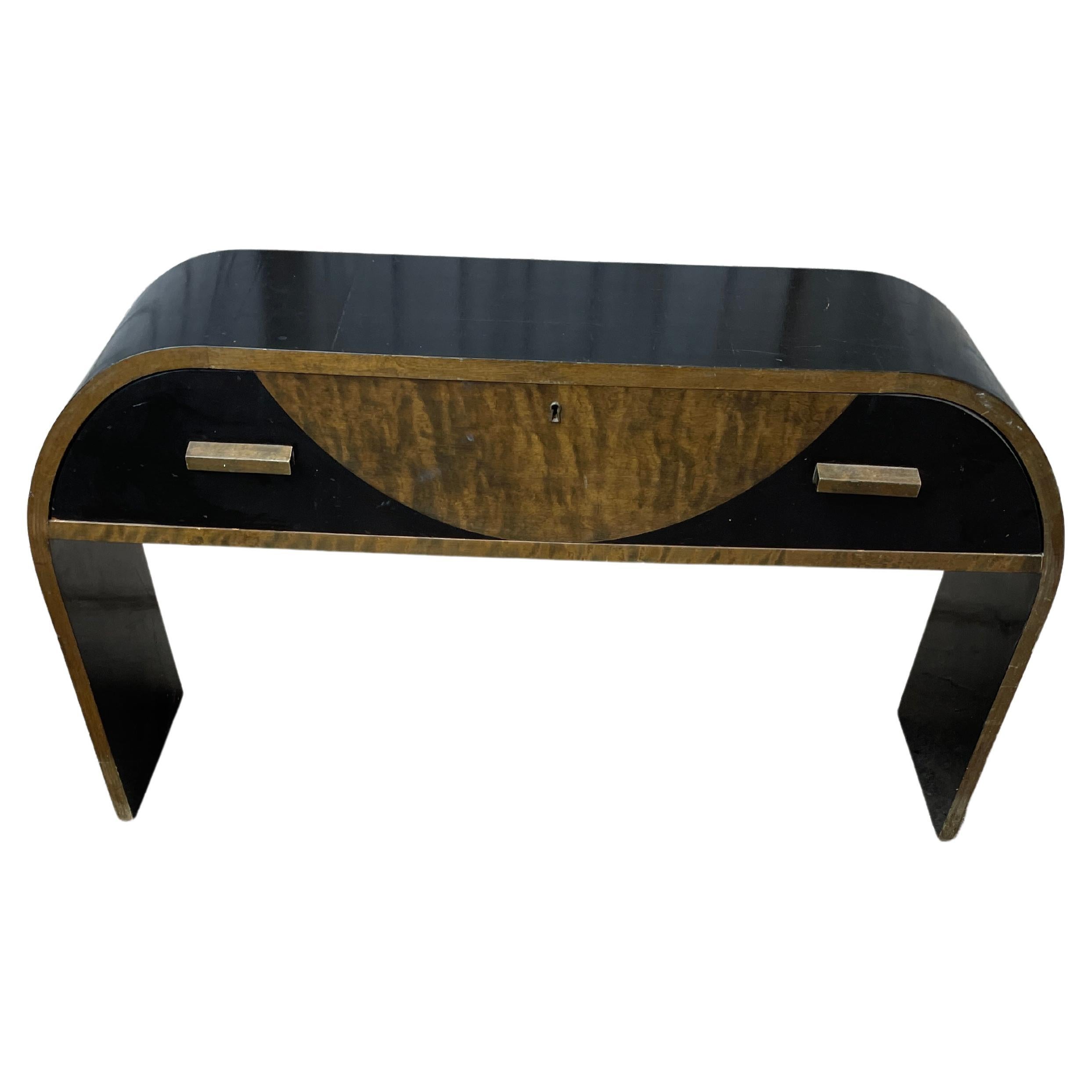 Brass Mid-Century Art Deco Wood Console with Drawer For Sale