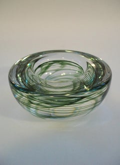 Mid Century Art Glass Bowl - Clear Heavy Glass with Green Swirls - Circa 1980's