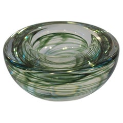 Mid Century Art Glass Bowl - Clear Heavy Glass with Green Swirls - Circa 1980's