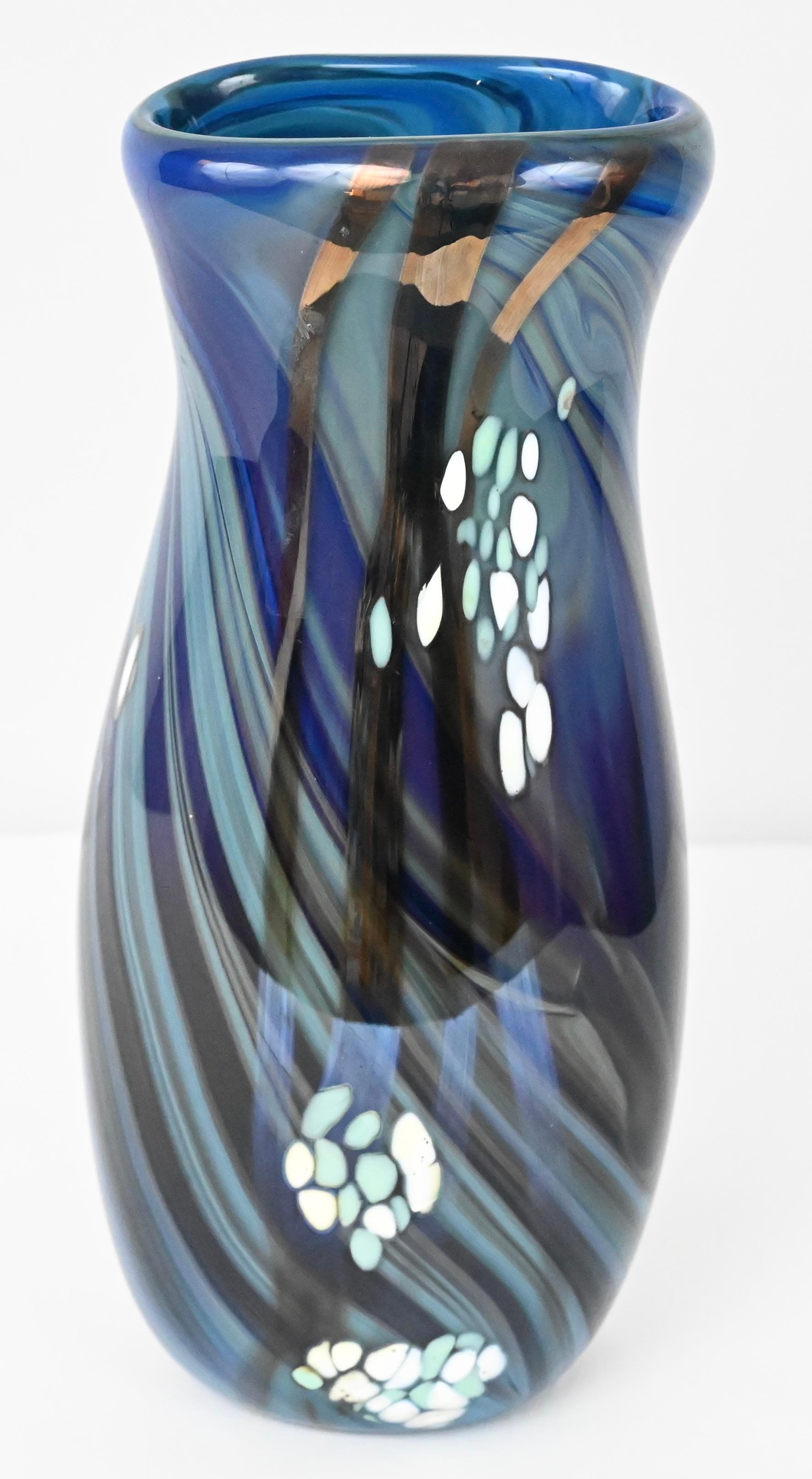 French Mid-Century Art Glass Flower Vase Signed Swispot, Blue and White Art Glass Vase For Sale