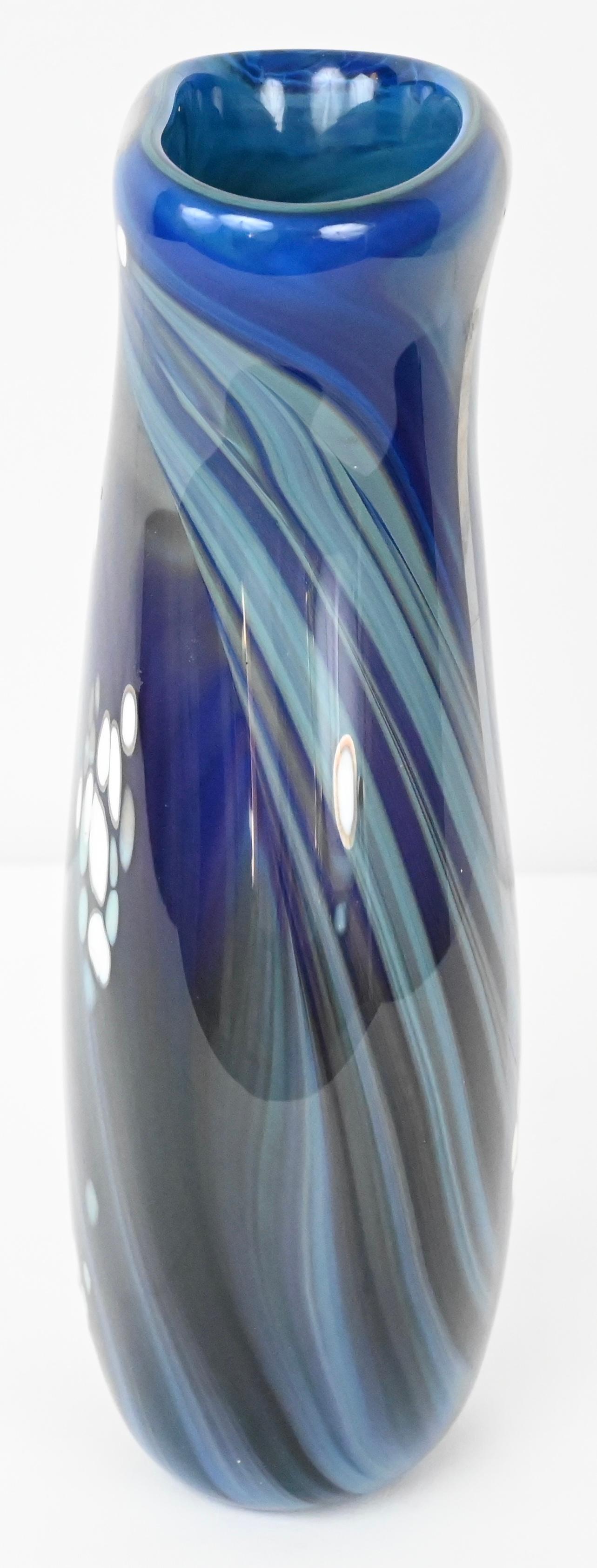 Hand-Crafted Mid-Century Art Glass Flower Vase Signed Swispot, Blue and White Art Glass Vase For Sale