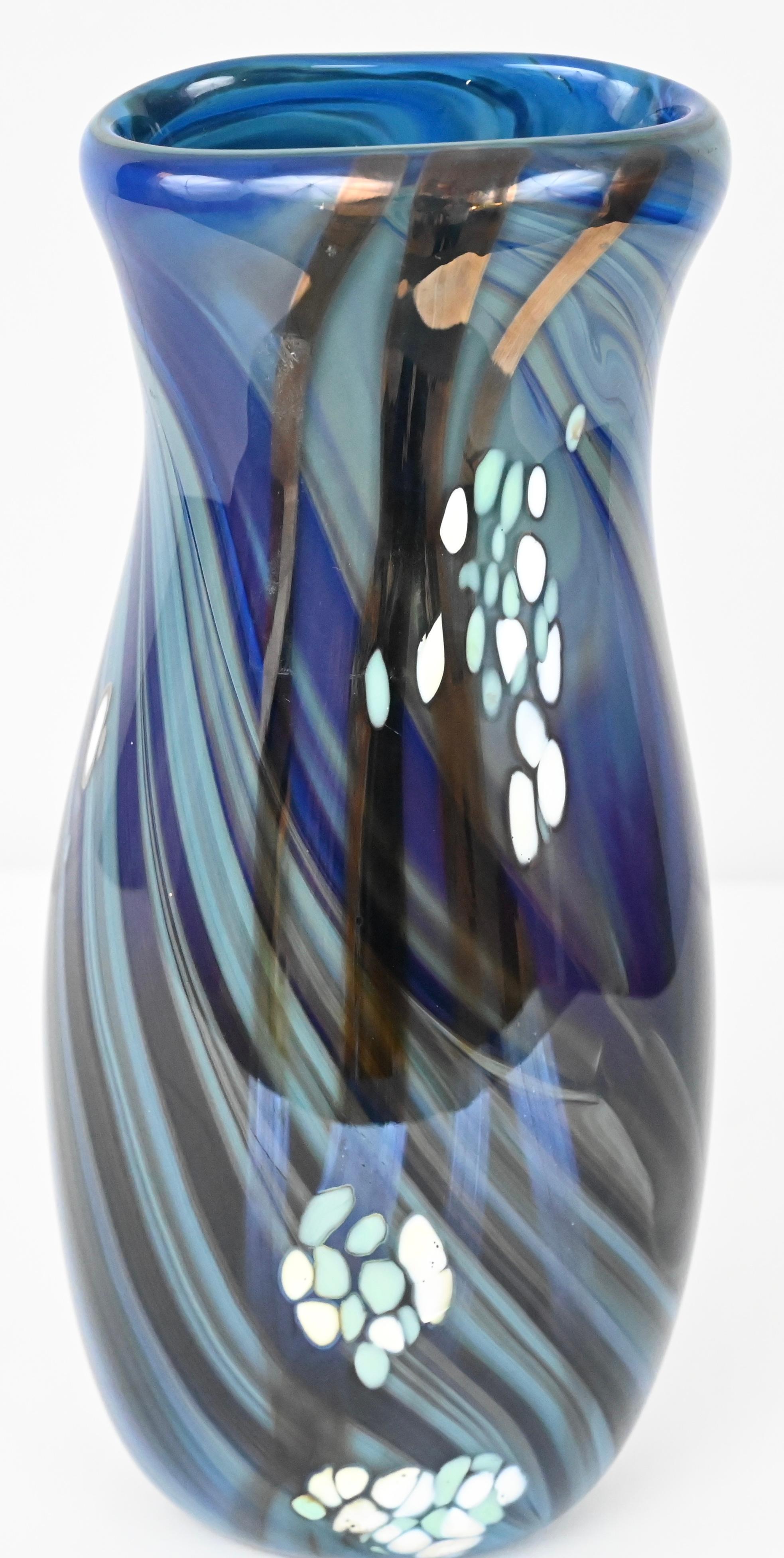 Mid-Century Art Glass Flower Vase Signed Swispot, Blue and White Art Glass Vase In Good Condition For Sale In Miami, FL