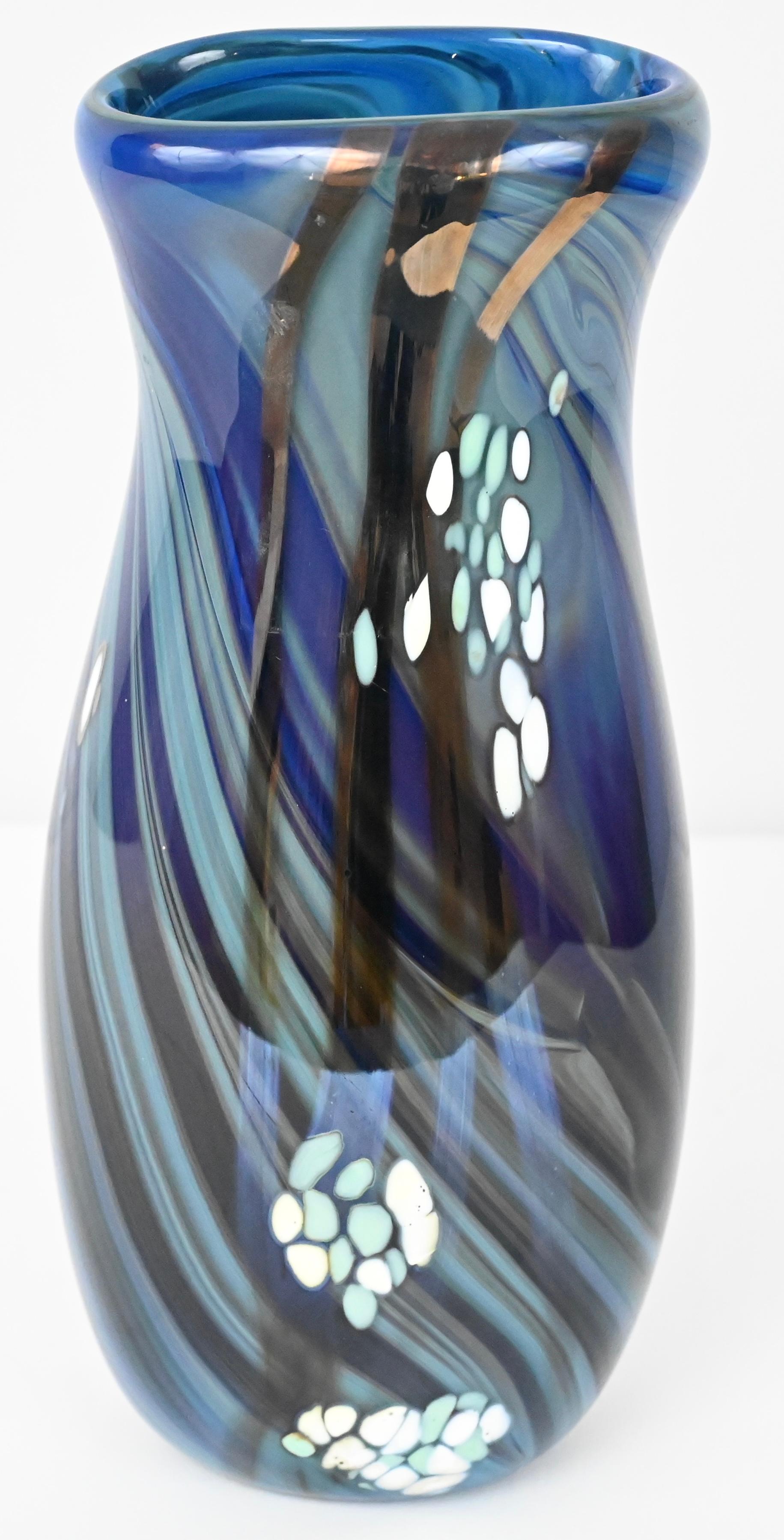 20th Century Mid-Century Art Glass Flower Vase Signed Swispot, Blue and White Art Glass Vase For Sale