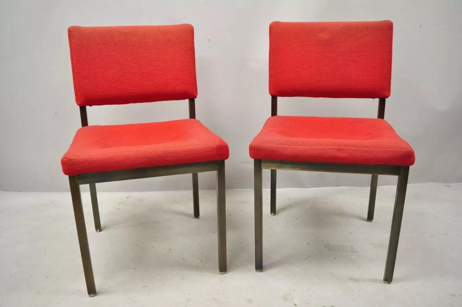 Mid Century Art Metal Inc Jamestown NY Brushed Bronze Metal Side Chairs - a Pair. Item features brushed bronze finish, metal frames, upholstered back, very nice vintage item, clean modernist lines, quality American craftsmanship . Circa Mid 20th