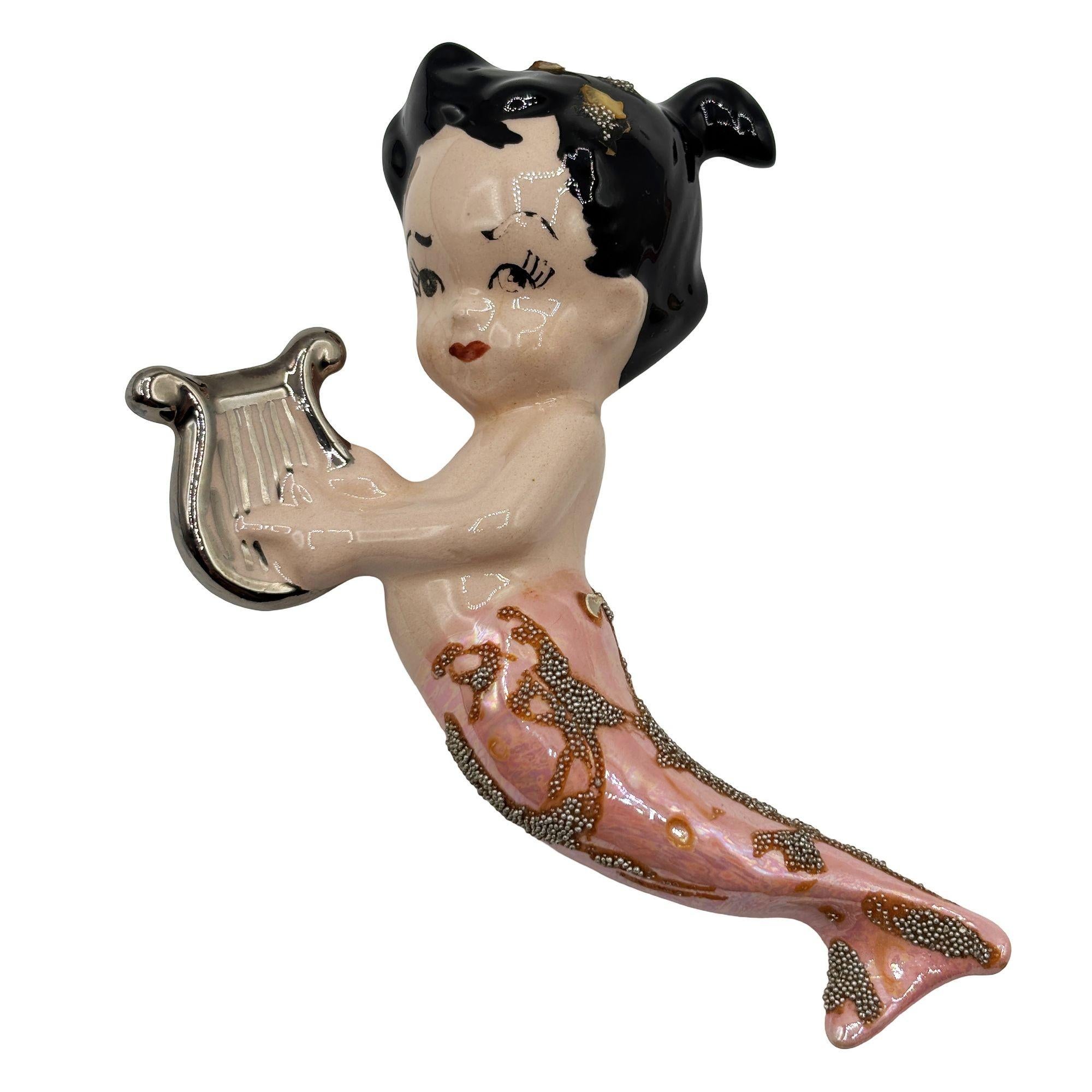 Américain Ensemble de sculptures murales sirène et hippocampe en céramique Art Pottery Mid-century en vente