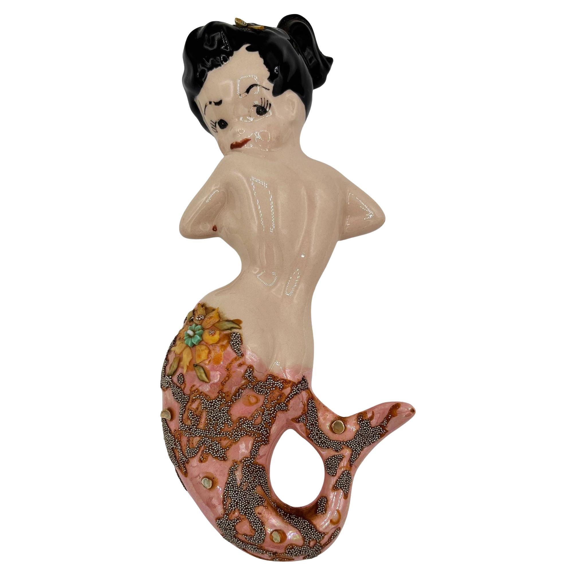 Sculpture murale en céramique de la poterie d'art du milieu du siècle, sirène brune