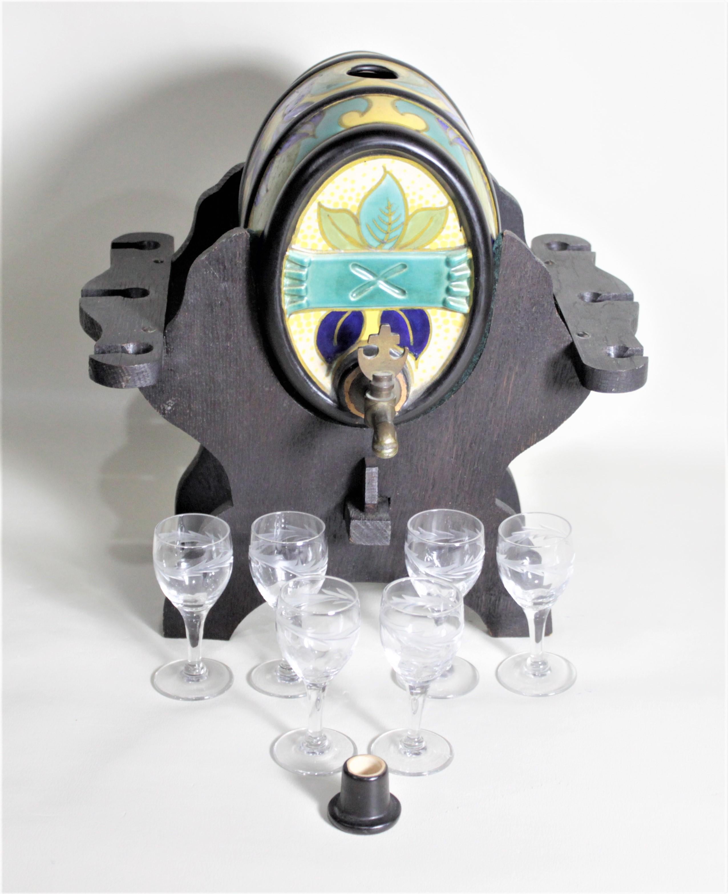 Mid-Century Art Pottery Gouda Styled Keg & Glasses Liquor Decanter Set For Sale 2