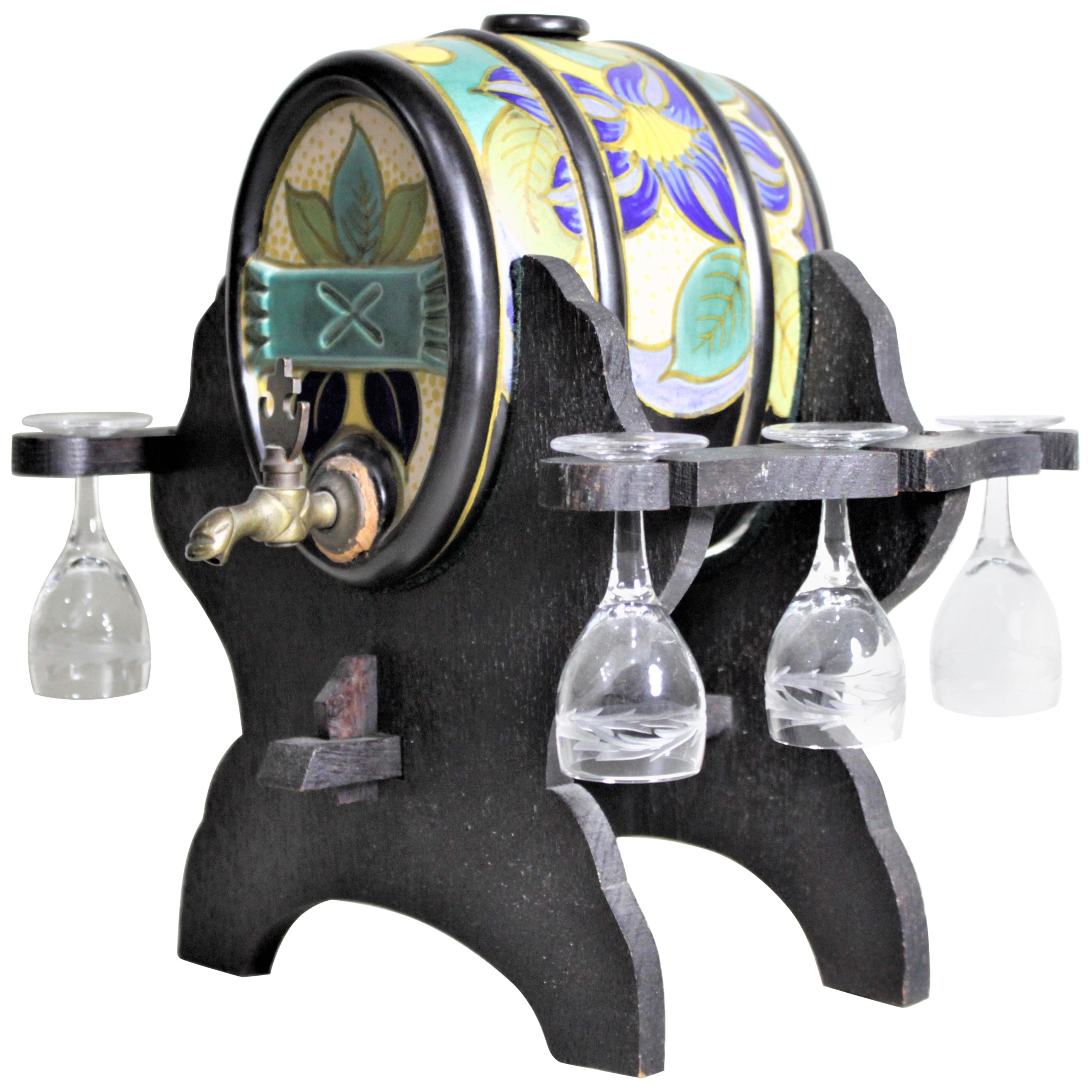 Mid-Century Art Pottery Gouda Styled Keg & Glasses Liquor Decanter Set For Sale