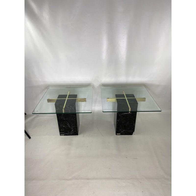 Late 20th Century Mid-Century Artedi Black Marble Glass and Brass Side Tables, a Pair