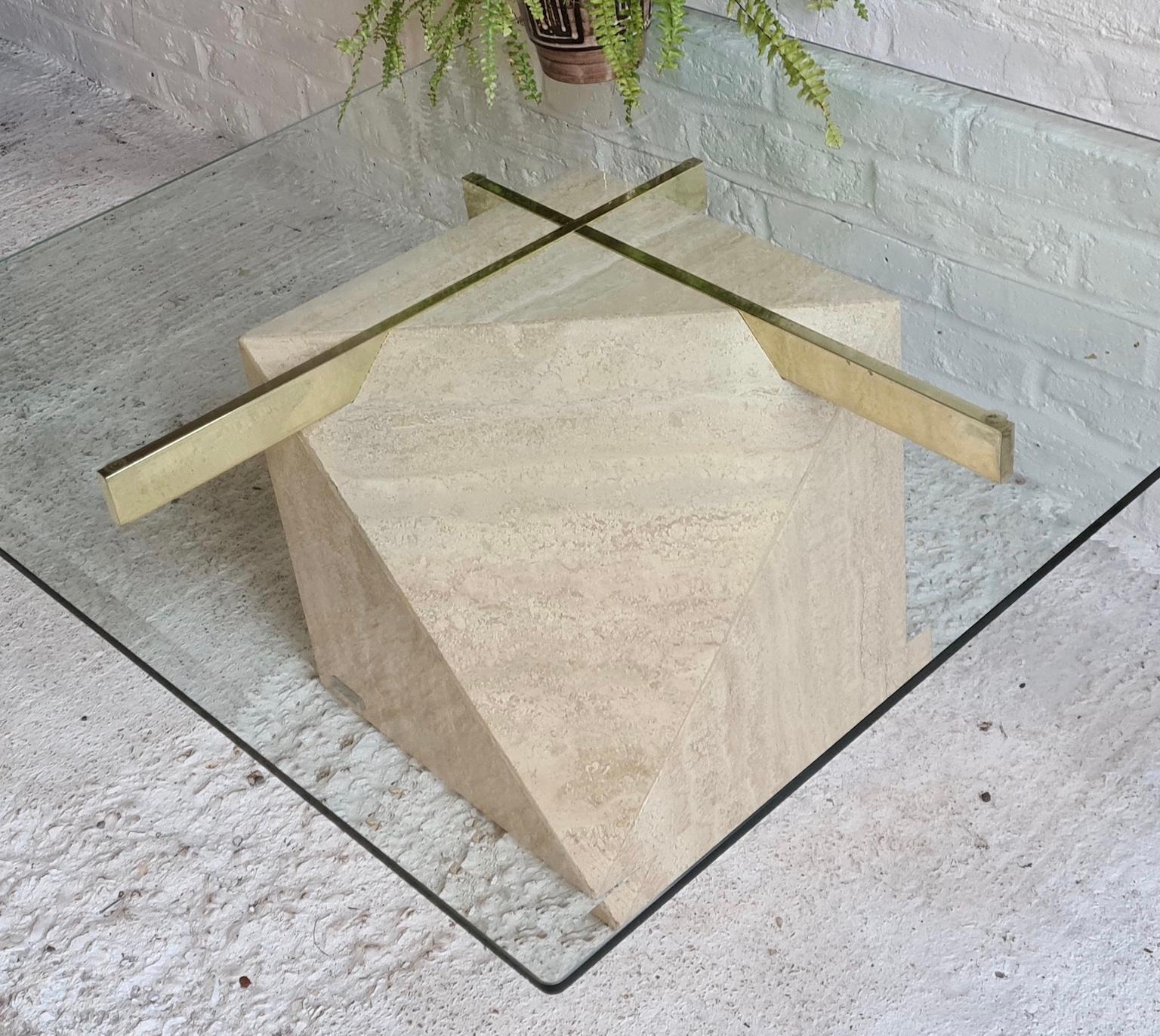 Mid Century 'Artedi' Travertine, Brass and Glass Coffee, Occasional Table, 1970s 5