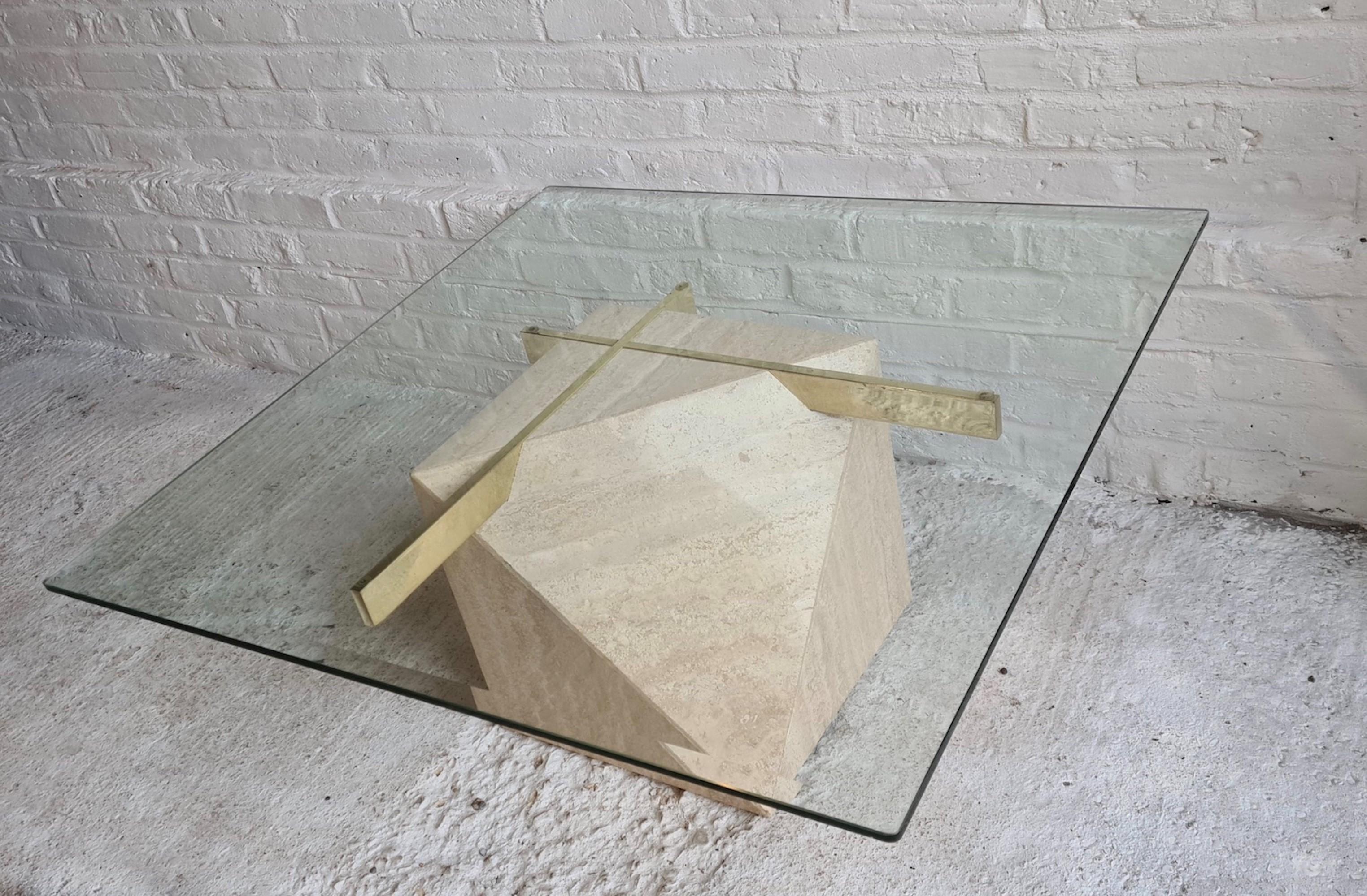 Italian Mid Century 'Artedi' Travertine, Brass and Glass Coffee, Occasional Table, 1970s