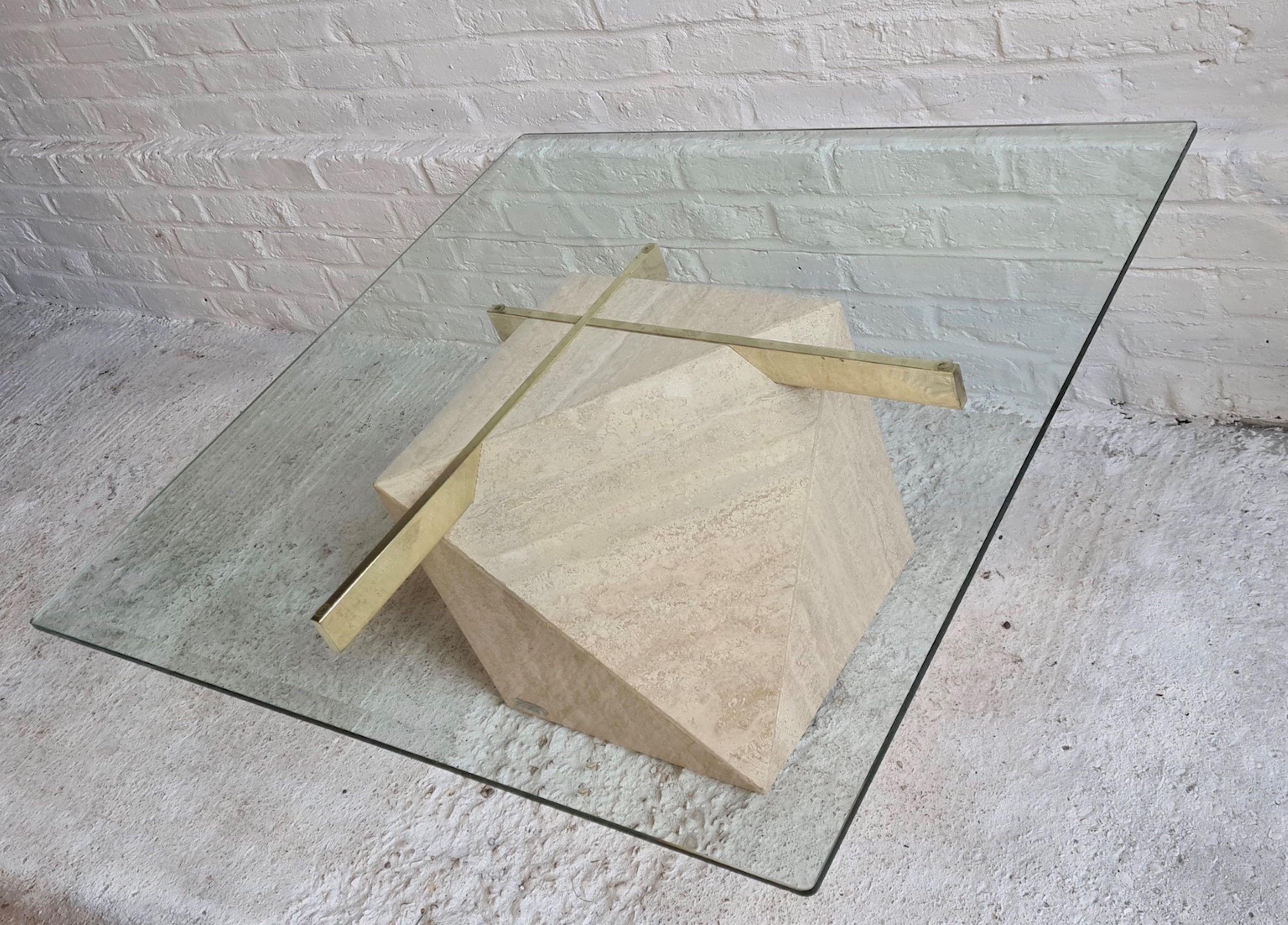 Mid Century 'Artedi' Travertine, Brass and Glass Coffee, Occasional Table, 1970s In Good Condition In Richmond, Surrey