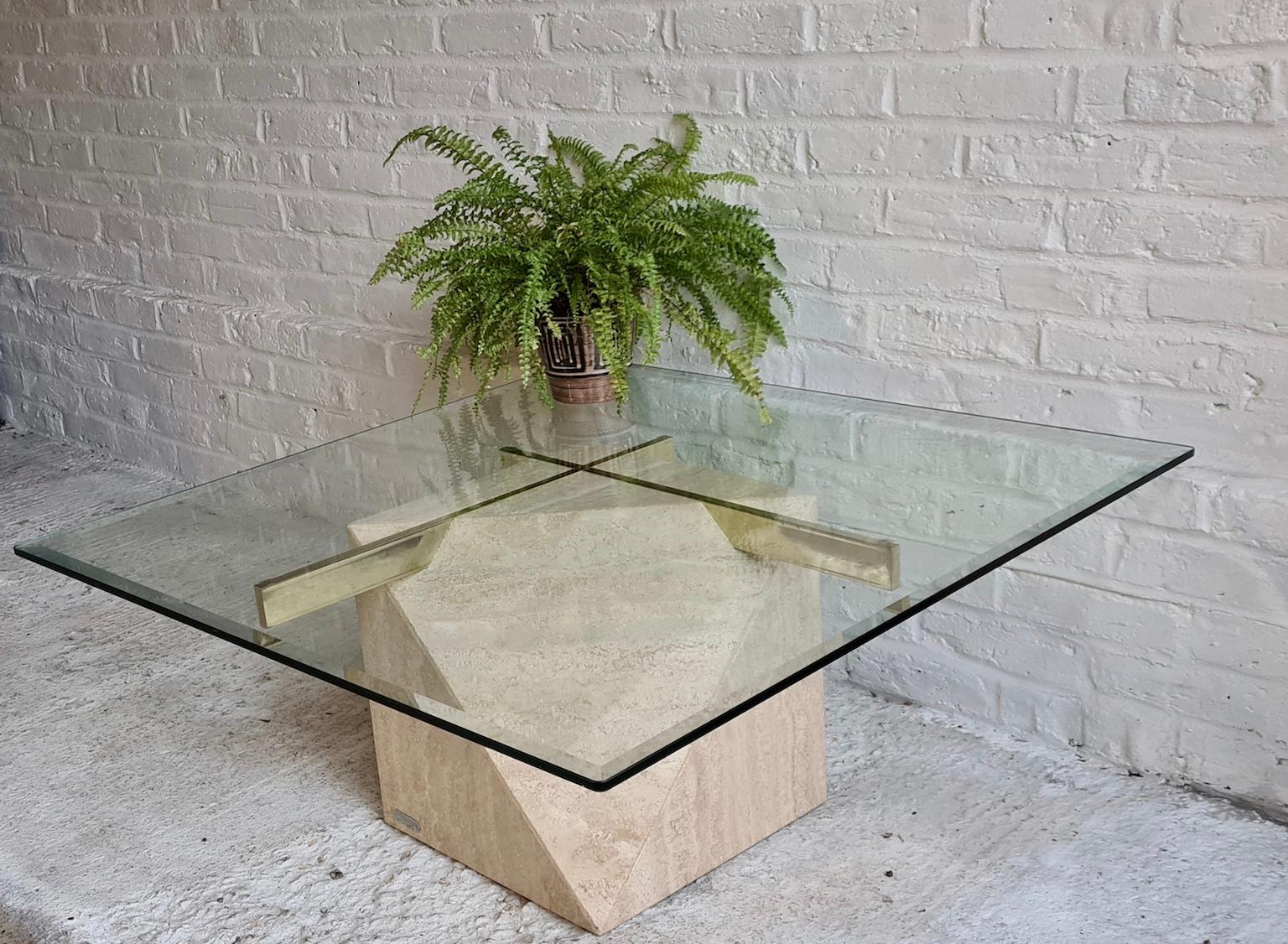 Mid Century 'Artedi' Travertine, Brass and Glass Coffee, Occasional Table, 1970s 1