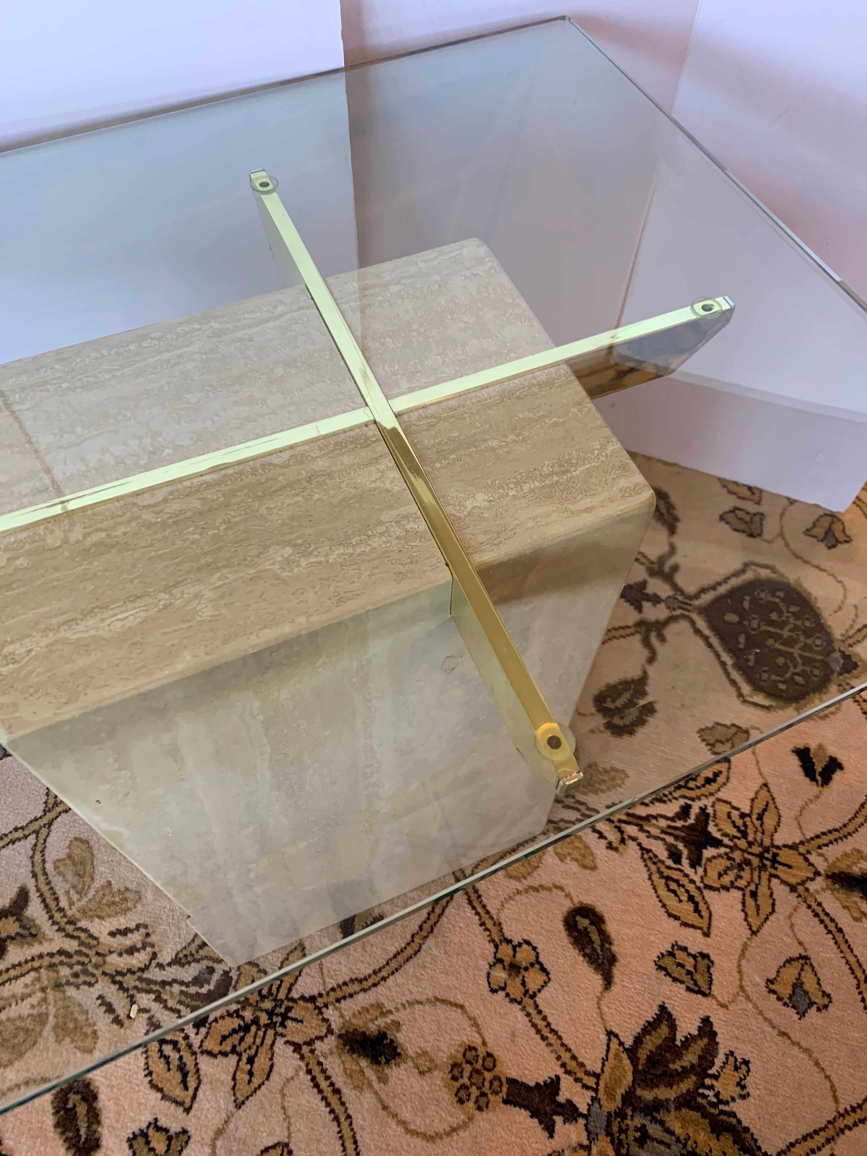 Mid-Century Artedi Travertine Glass and Brass Side Table, Made in Italy 3