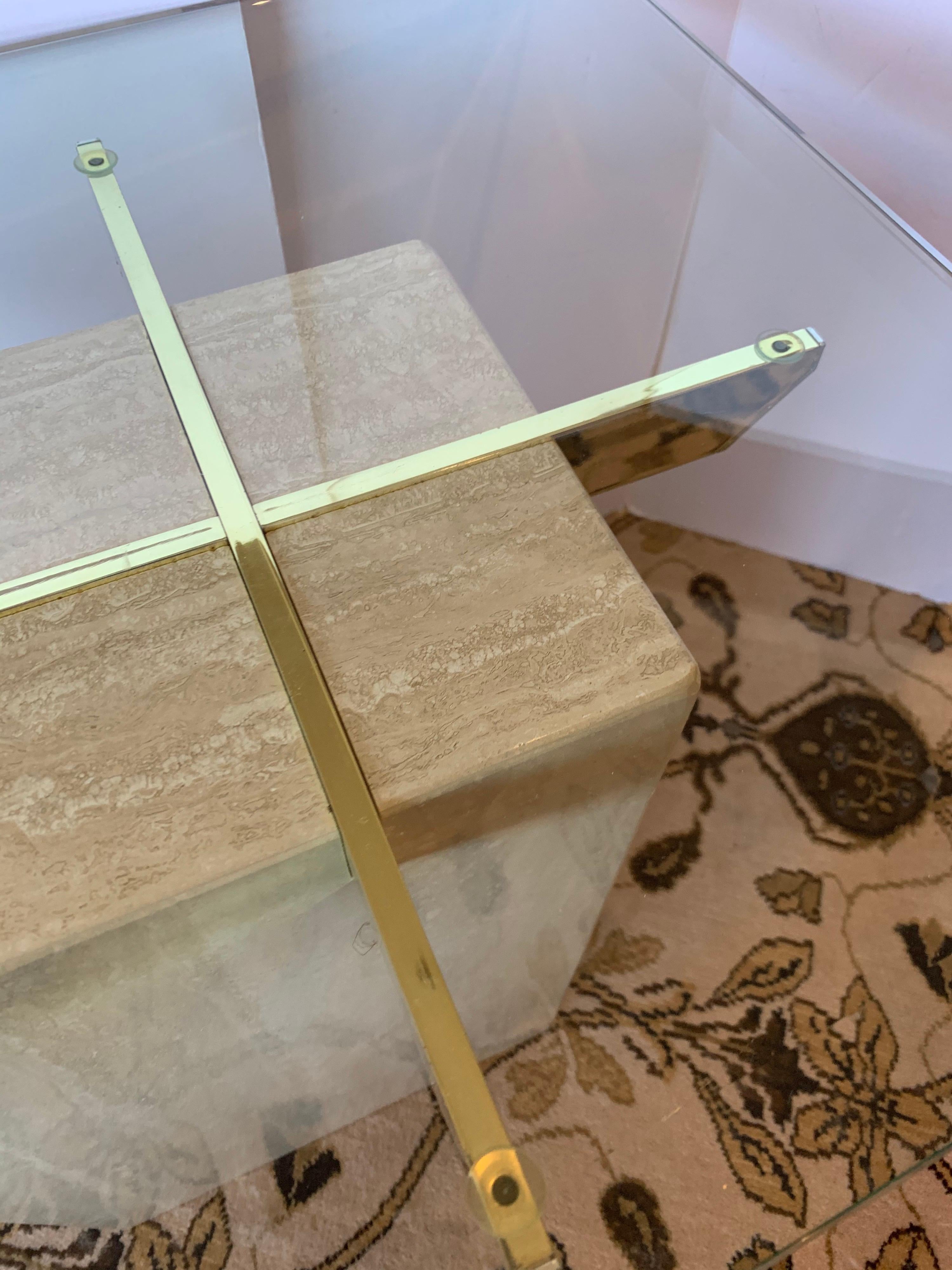 Mid-Century Artedi Travertine Glass and Brass Side Table, Made in Italy 5
