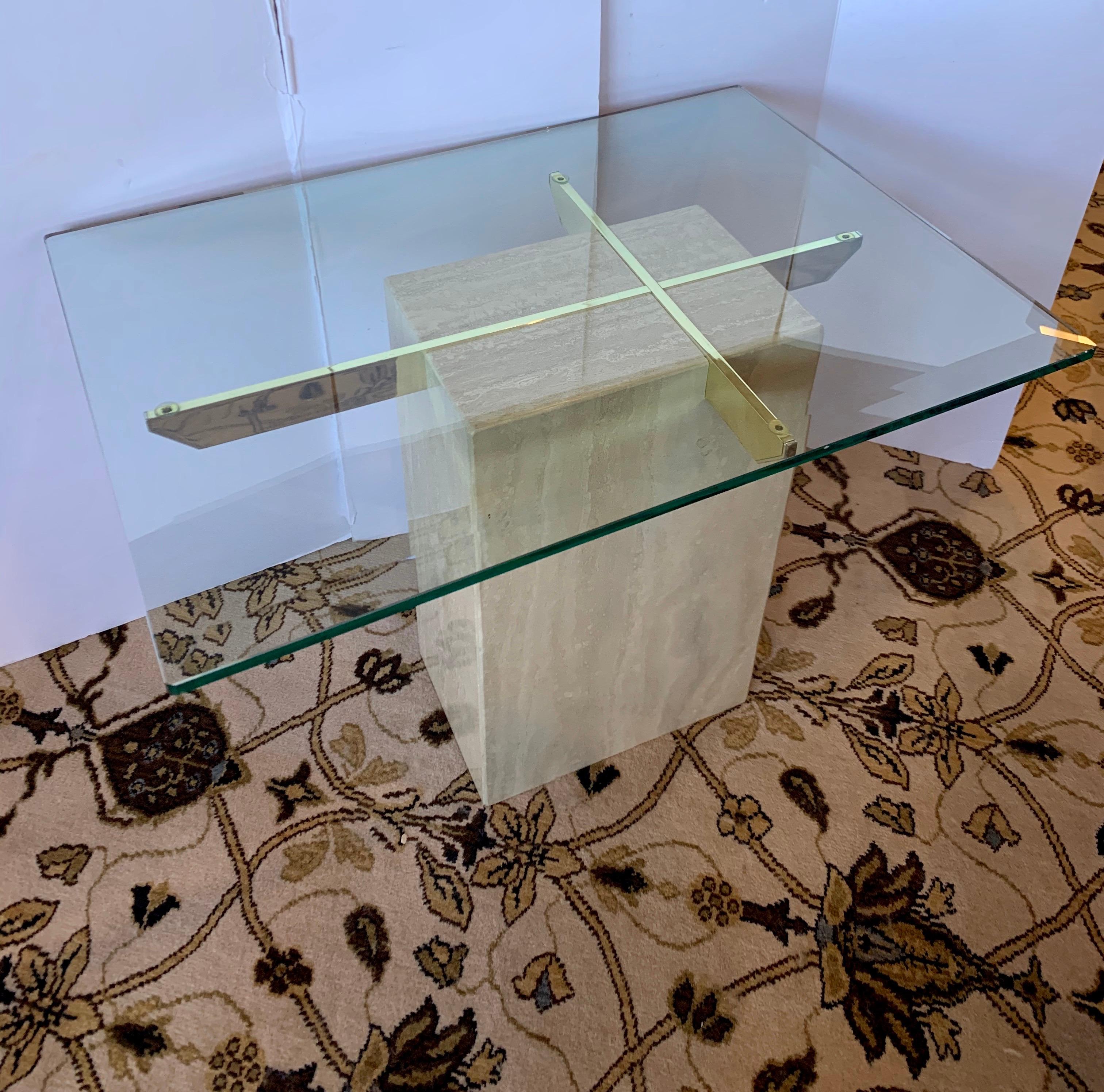 Italian Mid-Century Artedi Travertine Glass and Brass Side Table, Made in Italy