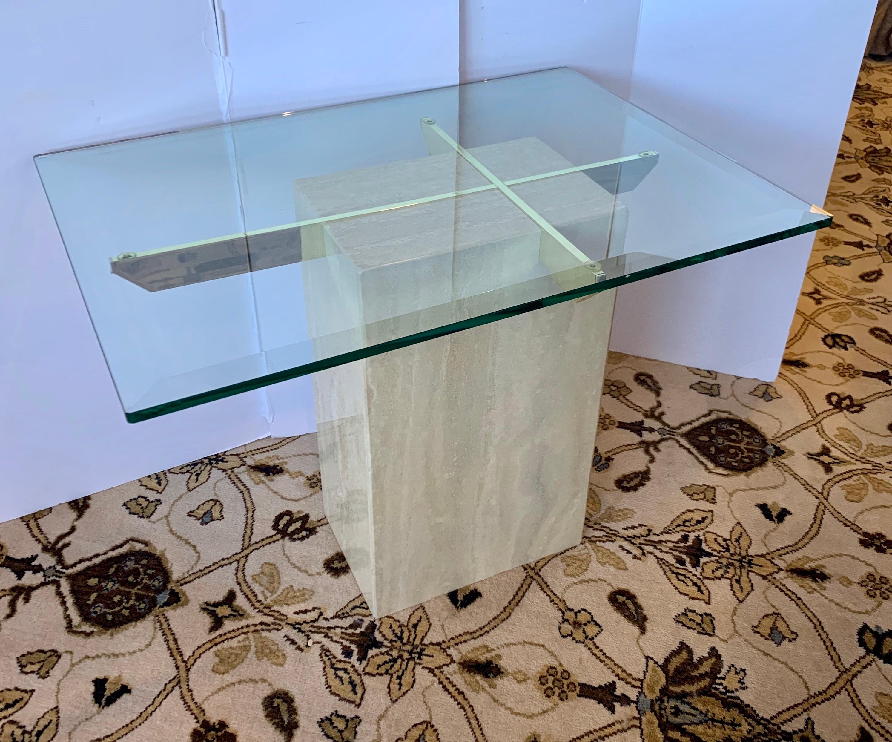 Mid-Century Artedi Travertine Glass and Brass Side Table, Made in Italy In Good Condition In West Hartford, CT