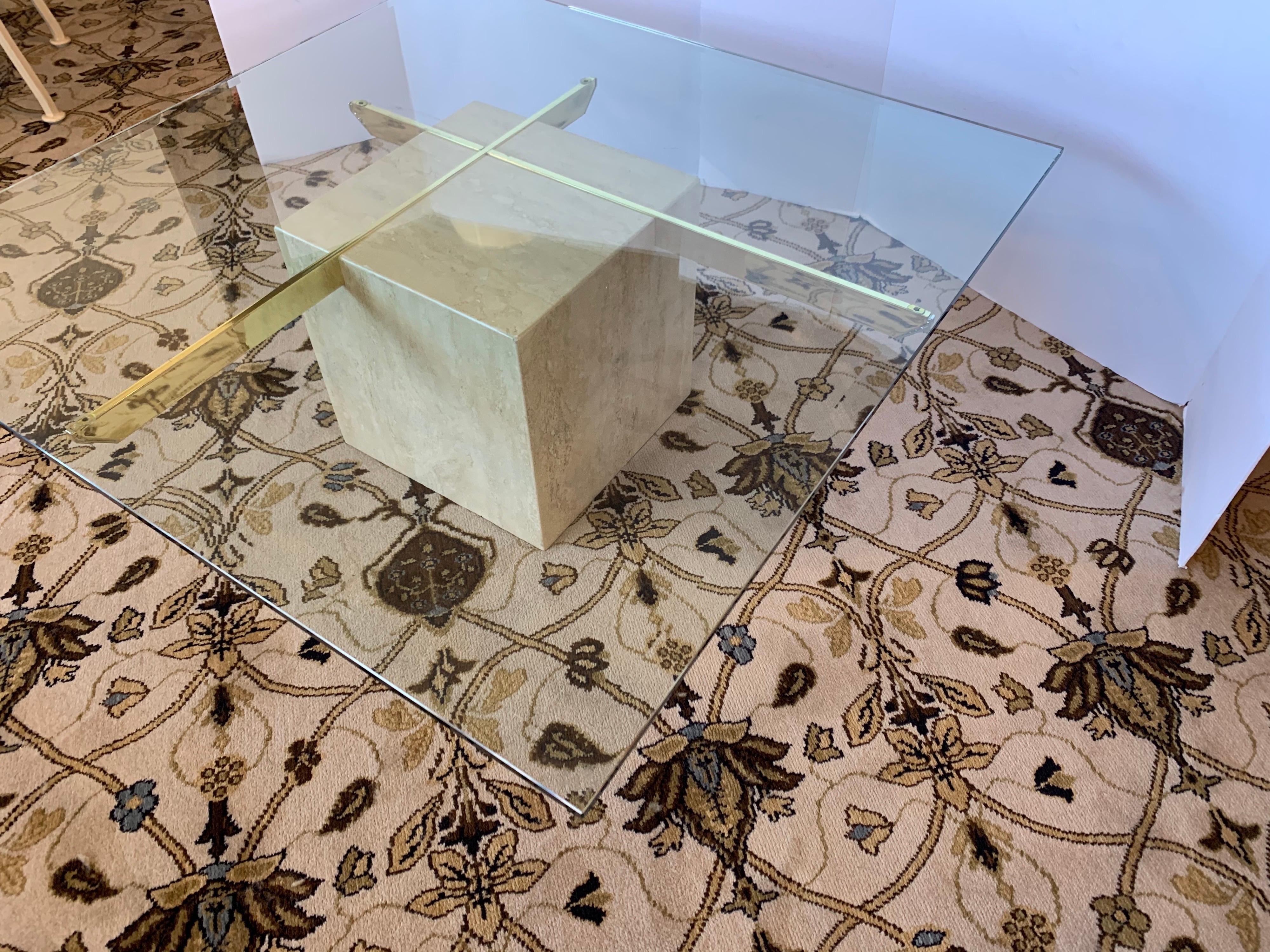 Midcentury Artedi Travertine Glass and Brass Cocktail Coffee Table Made in Italy In Good Condition In West Hartford, CT