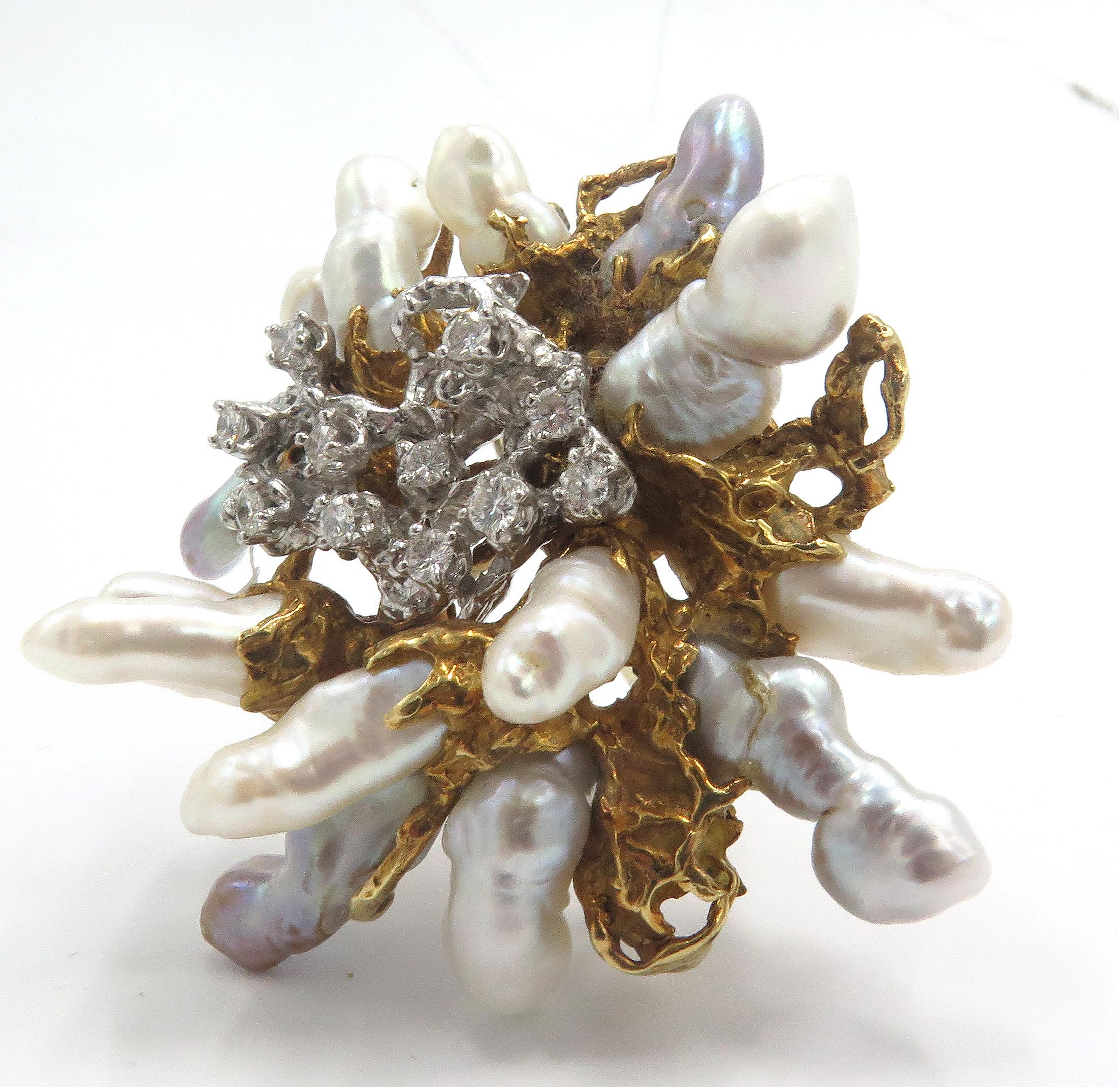 Round Cut Midcentury Arthur King Biwa Pearl and Diamond Brooch / Pendant For Sale