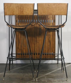 Midcentury Arthur Umanoff Bar Set for Raymor with 2 Stools Iron and Wood