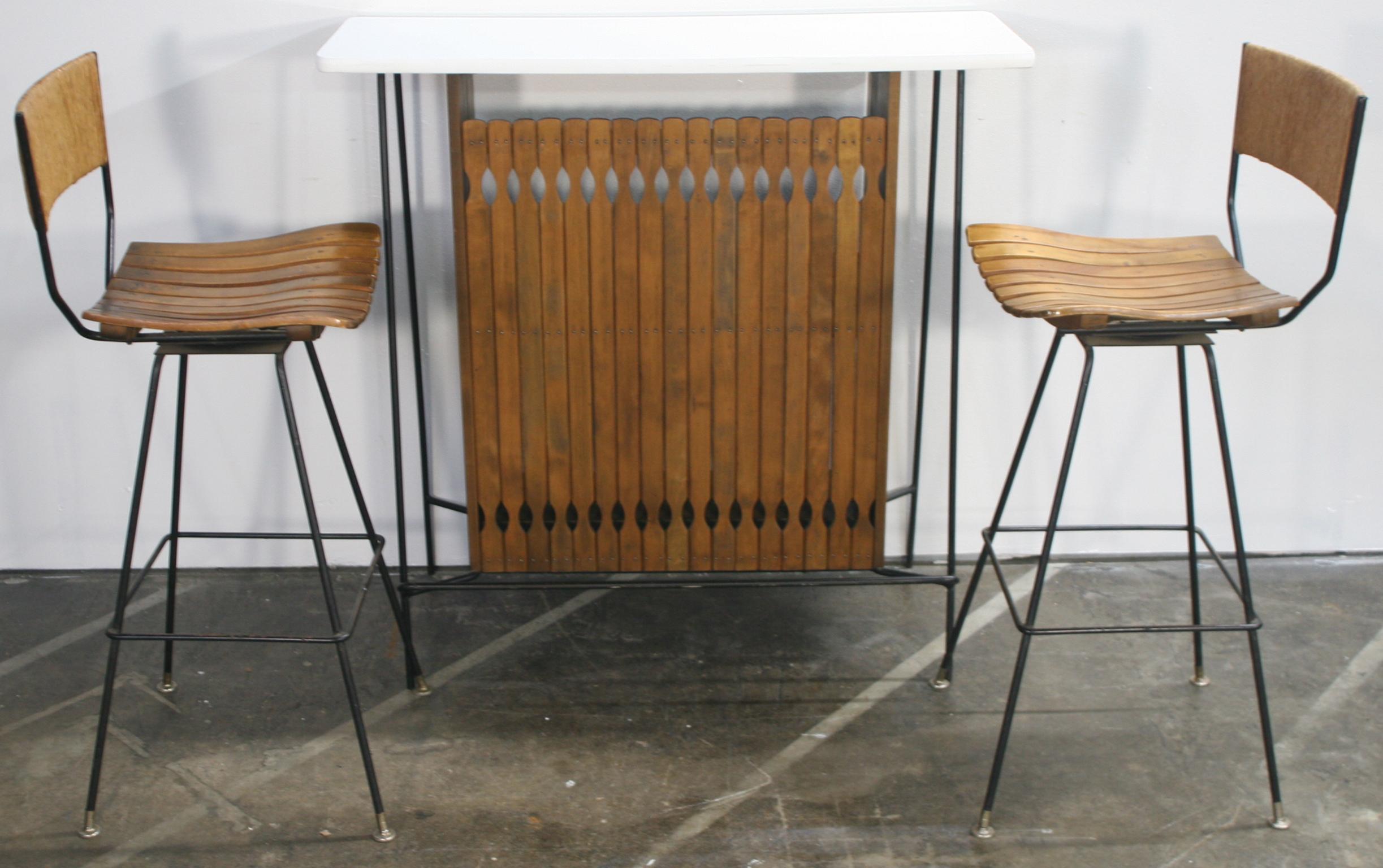 Mid-Century Modern Midcentury Arthur Umanoff Bar Set for Raymor with 2 Stools Iron and Wood