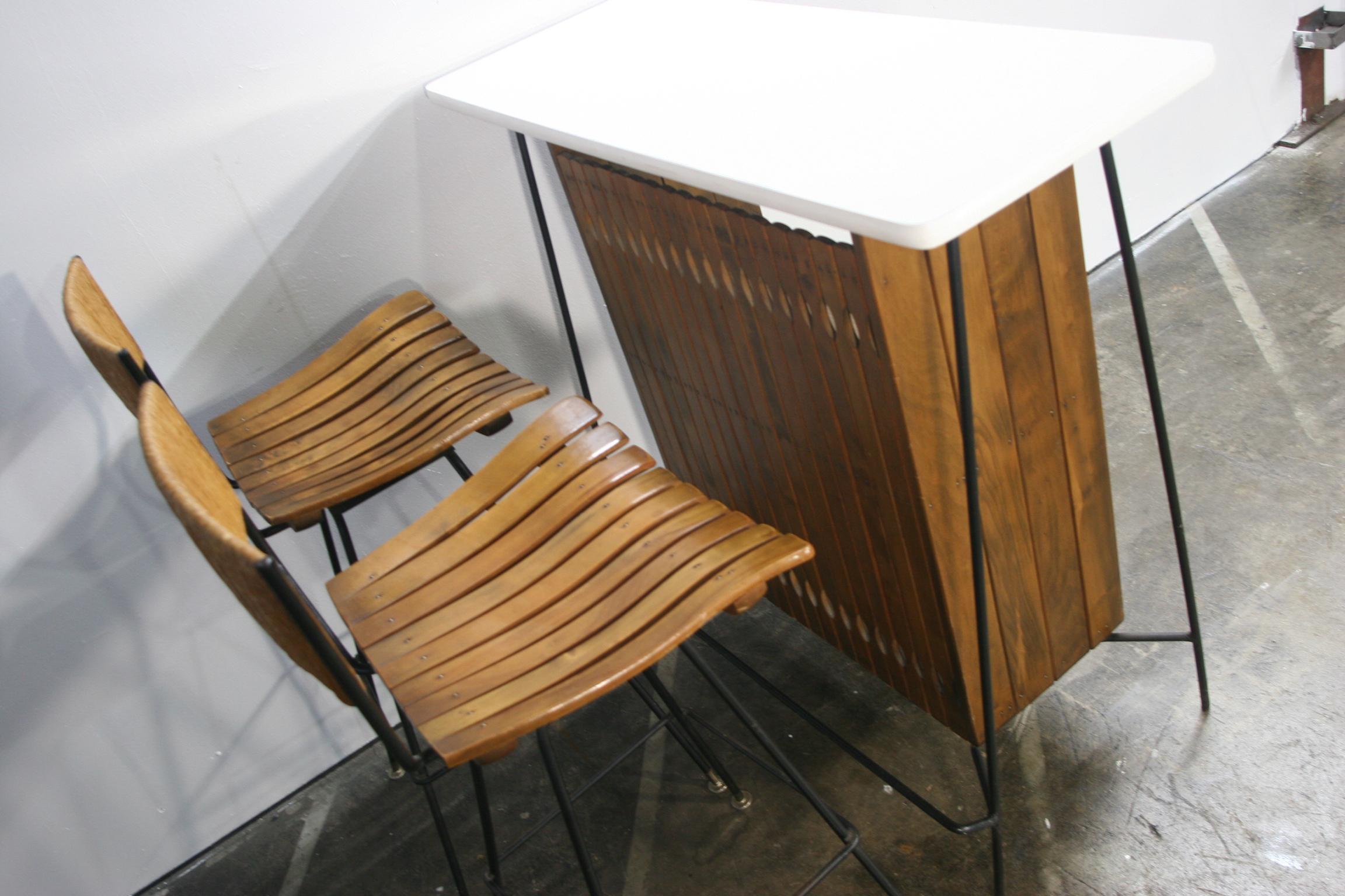 Papercord Midcentury Arthur Umanoff Bar Set for Raymor with 2 Stools Iron and Wood