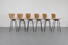 Mid-Century Arthur Umanoff Style Bar Stool, Slatted Beech, Black Metal