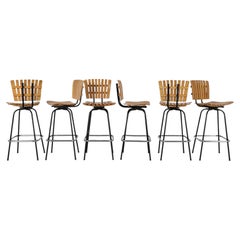 Mid-Century Arthur Umanoff Style Bar Stool, Slatted Beech, Black Metal