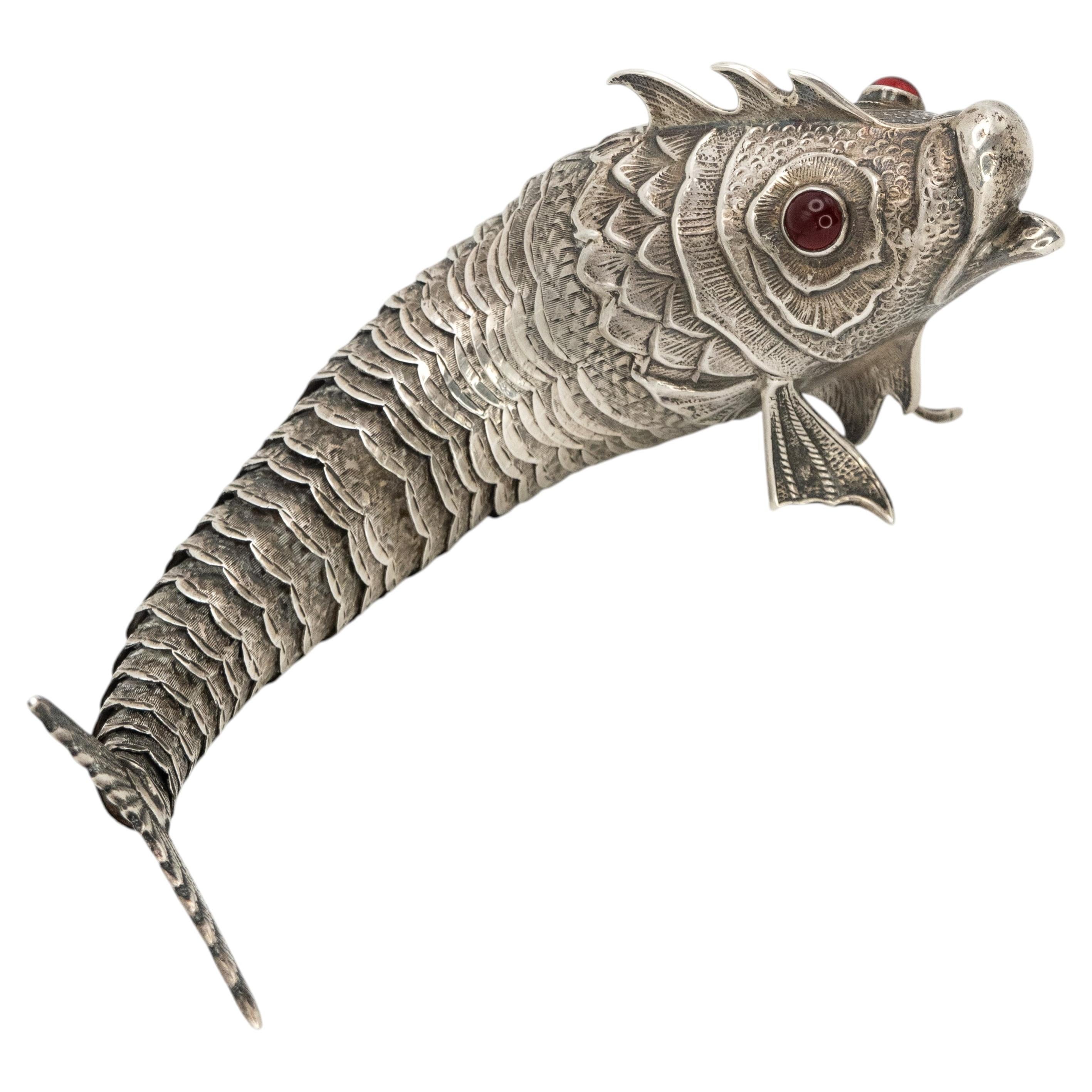 Mid-Century Articulated Silver Fish Sculpture with Red Glass Eyes