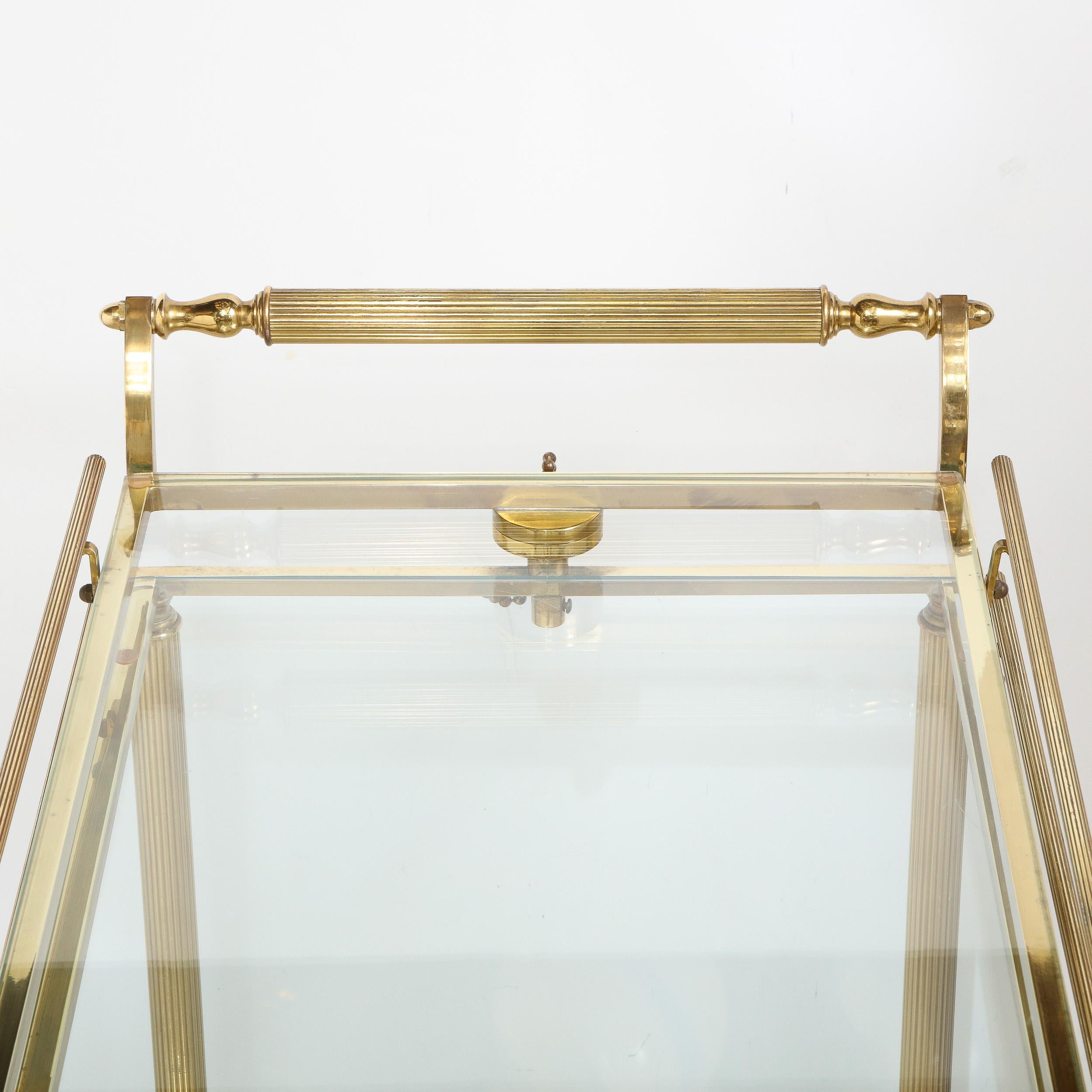 Late 20th Century Midcentury Articulating 3-Tier Demilune Reeded Brass Bullet Bar Cart on Castors