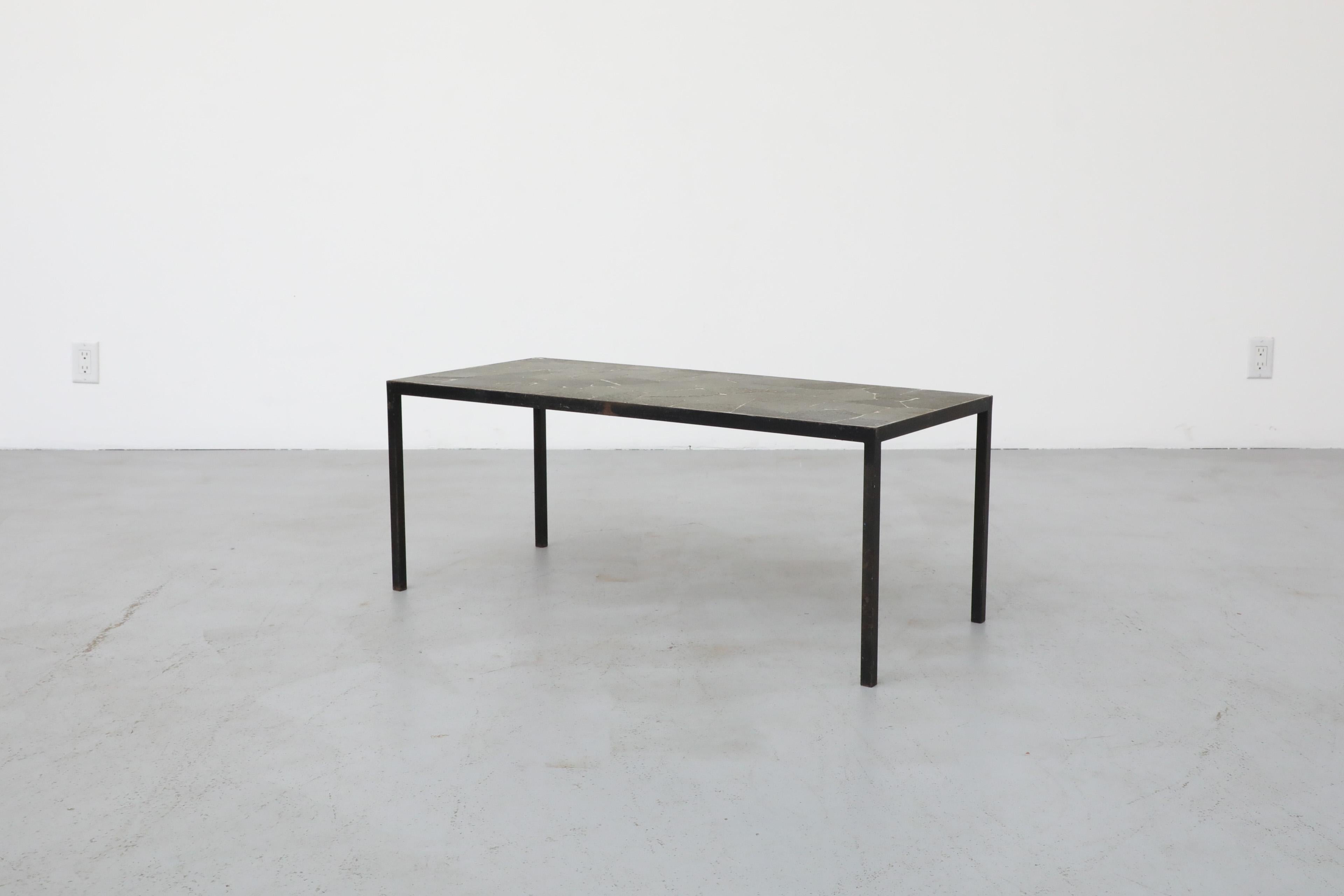 Dutch Mid-Century Artimeta Gray Stone Mosaic Rectangle Coffee Table with Black Frame