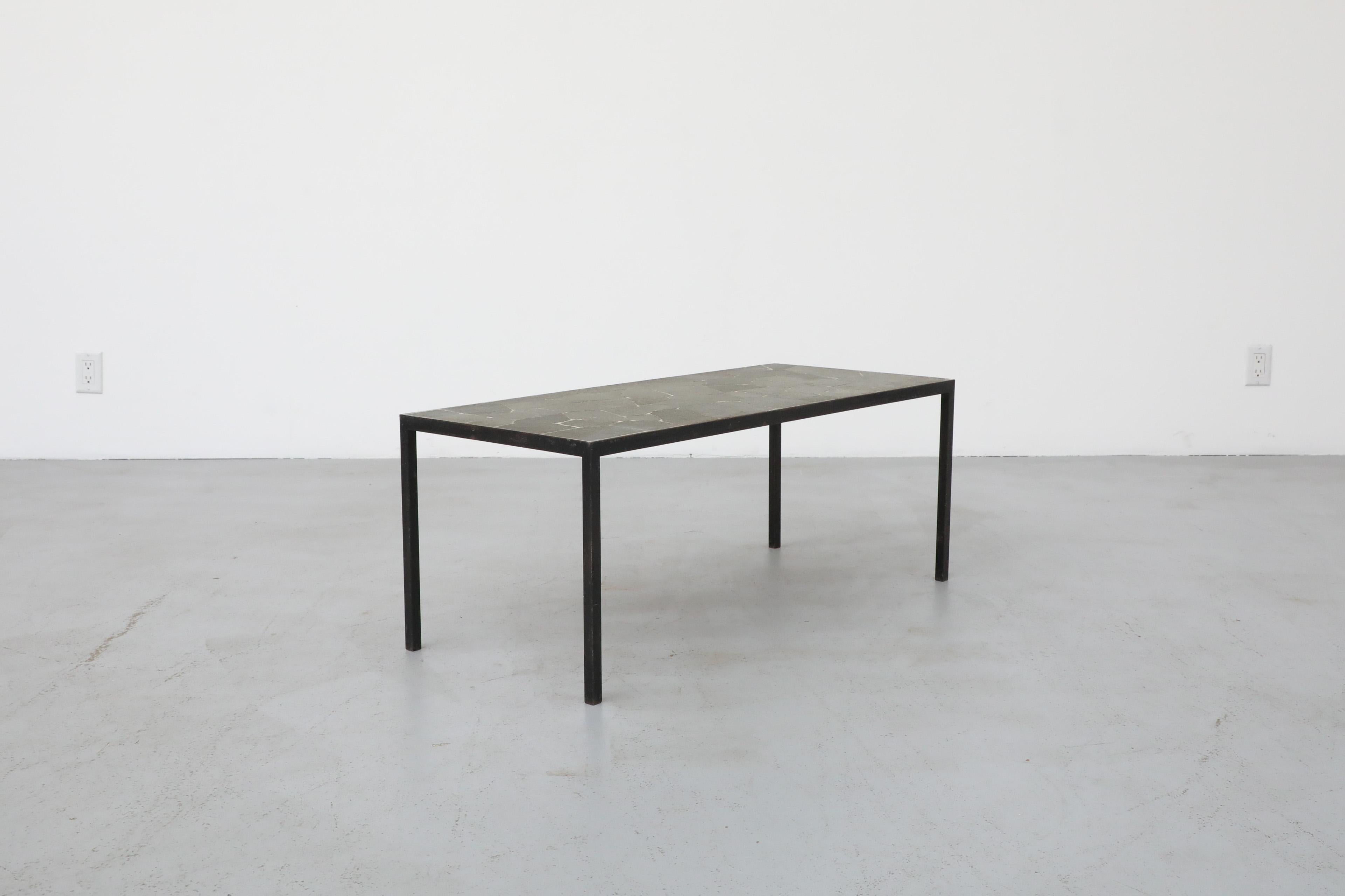 Metal Mid-Century Artimeta Gray Stone Mosaic Rectangle Coffee Table with Black Frame