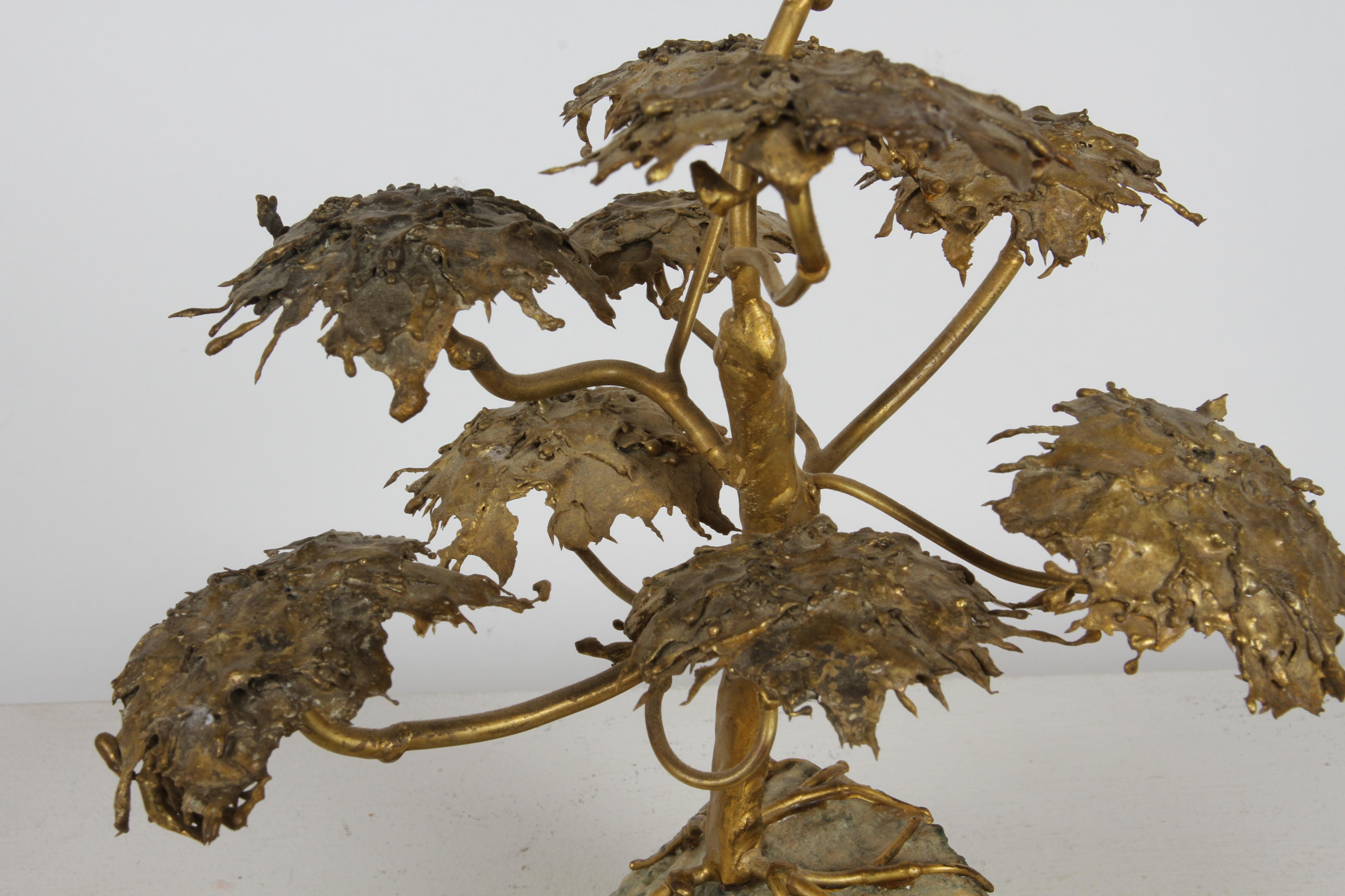 Mid-Century Artisan Brutalist Gold Metal Bonsai Tree Sculpture on Agate Base  For Sale 4