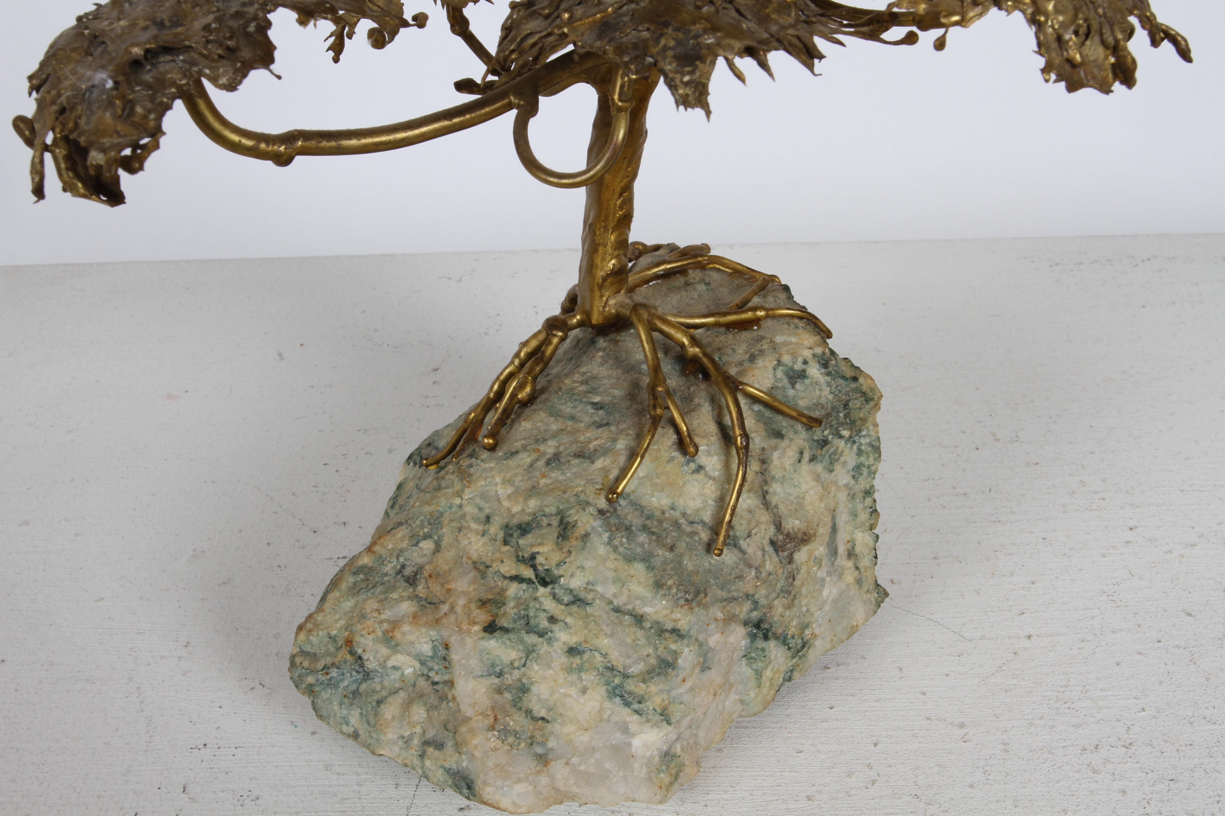 Mid-Century Artisan Brutalist Gold Metal Bonsai Tree Sculpture on Agate Base  For Sale 5