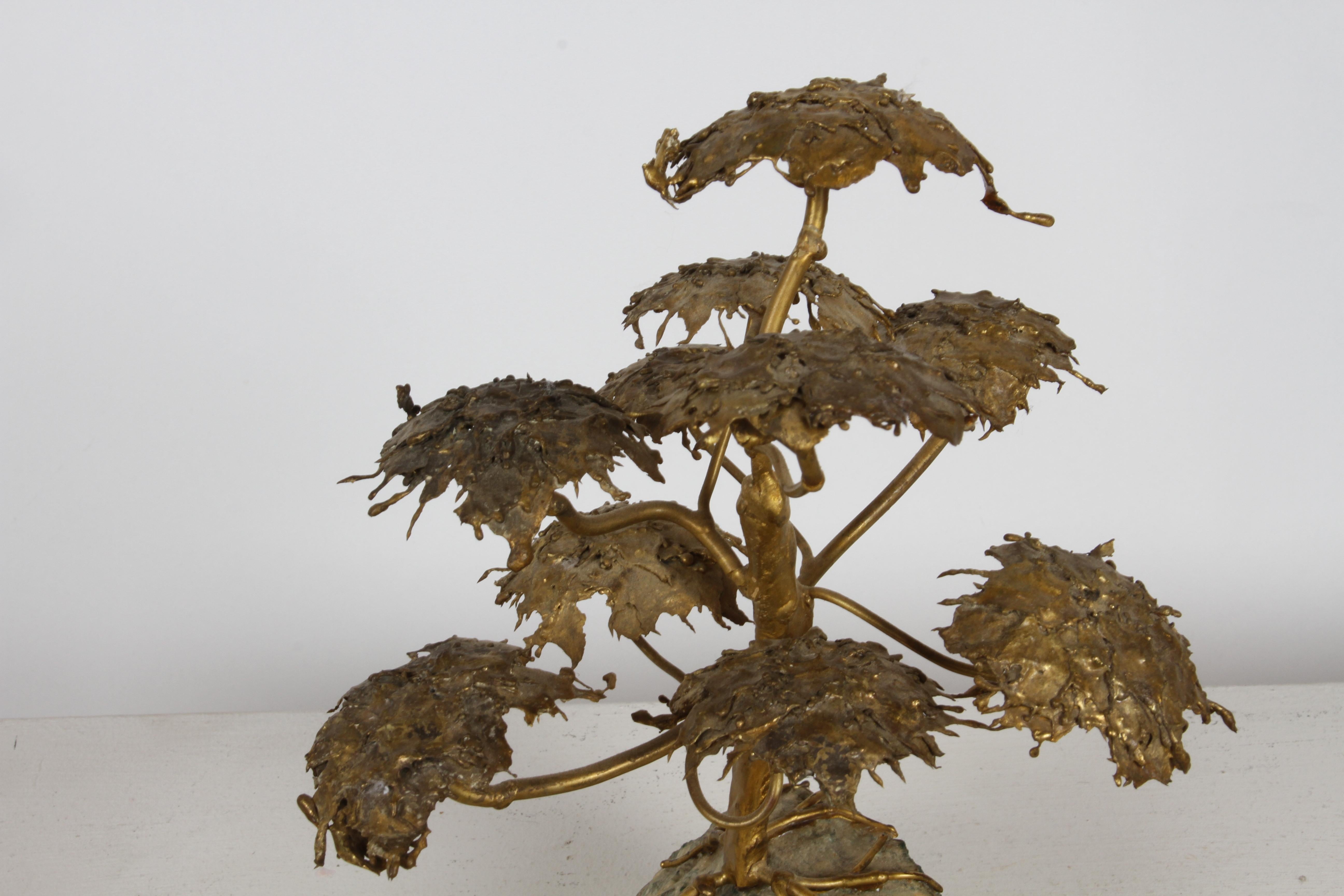 Mid-Century Artisan Brutalist Gold Metal Bonsai Tree Sculpture on Agate Base  For Sale 6